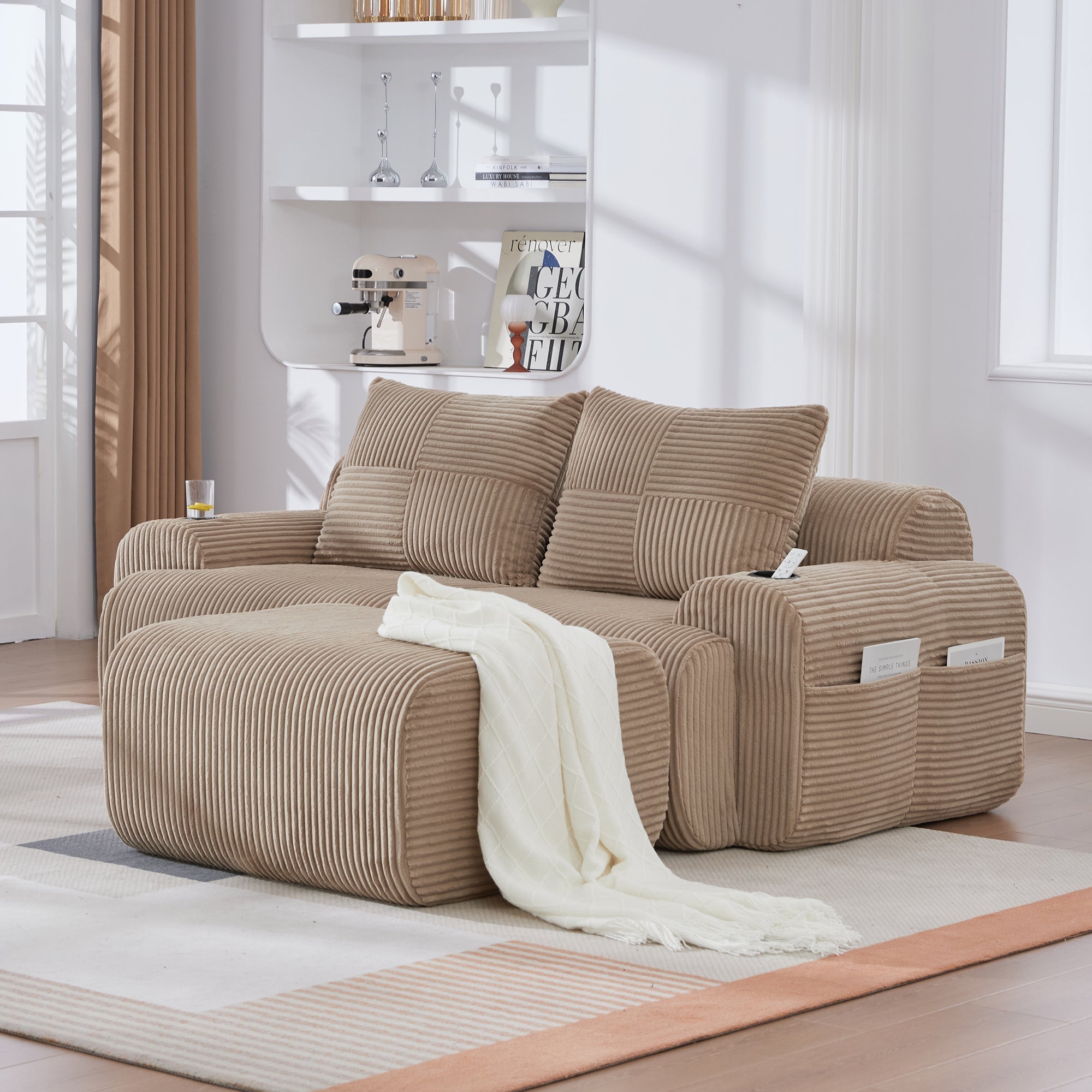 Modular Corduroy Sofa with Ottomans, Cup Holder and Side Pocket, Khaki