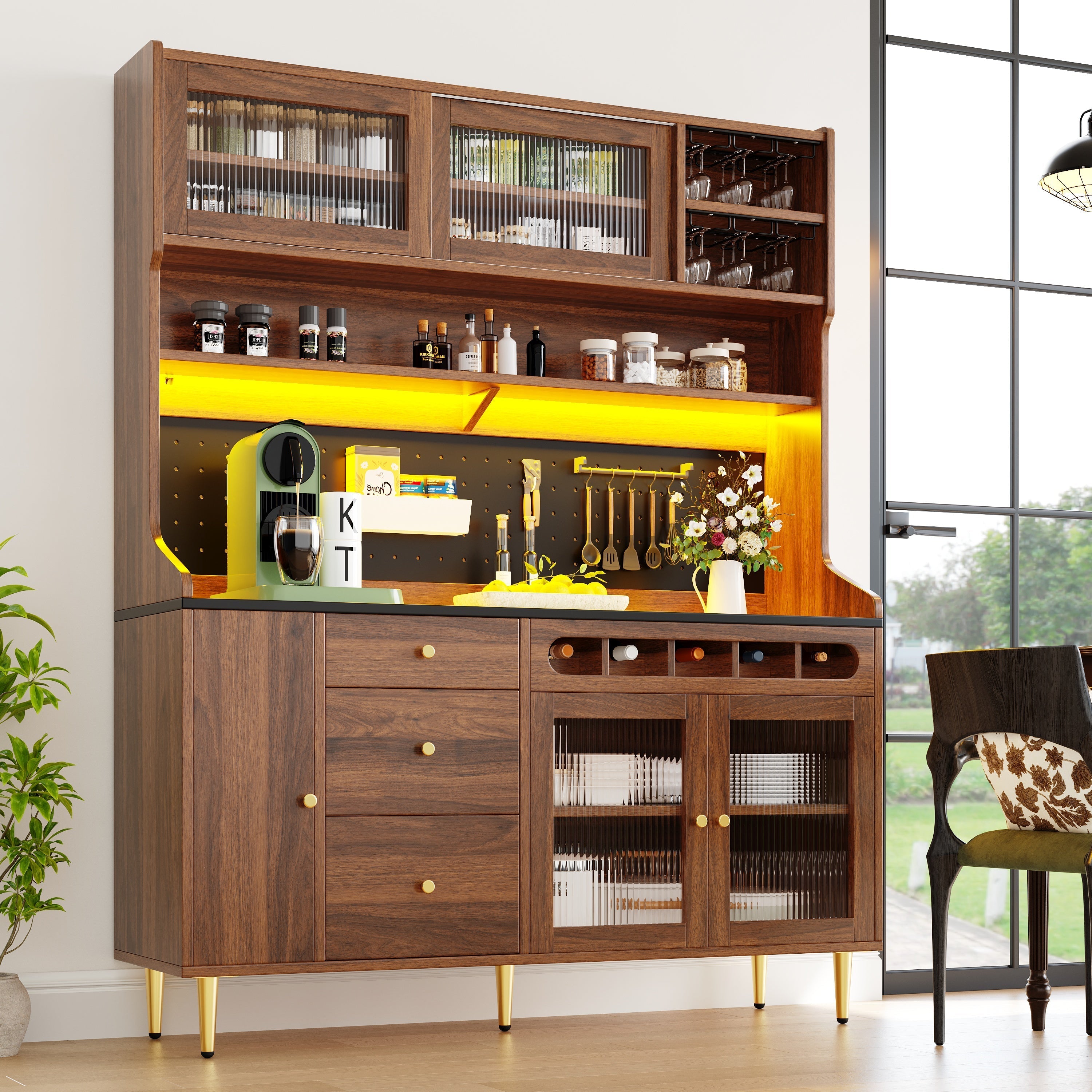 Tall Cabinet LED Lighting Wine Rack Adjustable Shelves 145x39x171cm Walnut Color