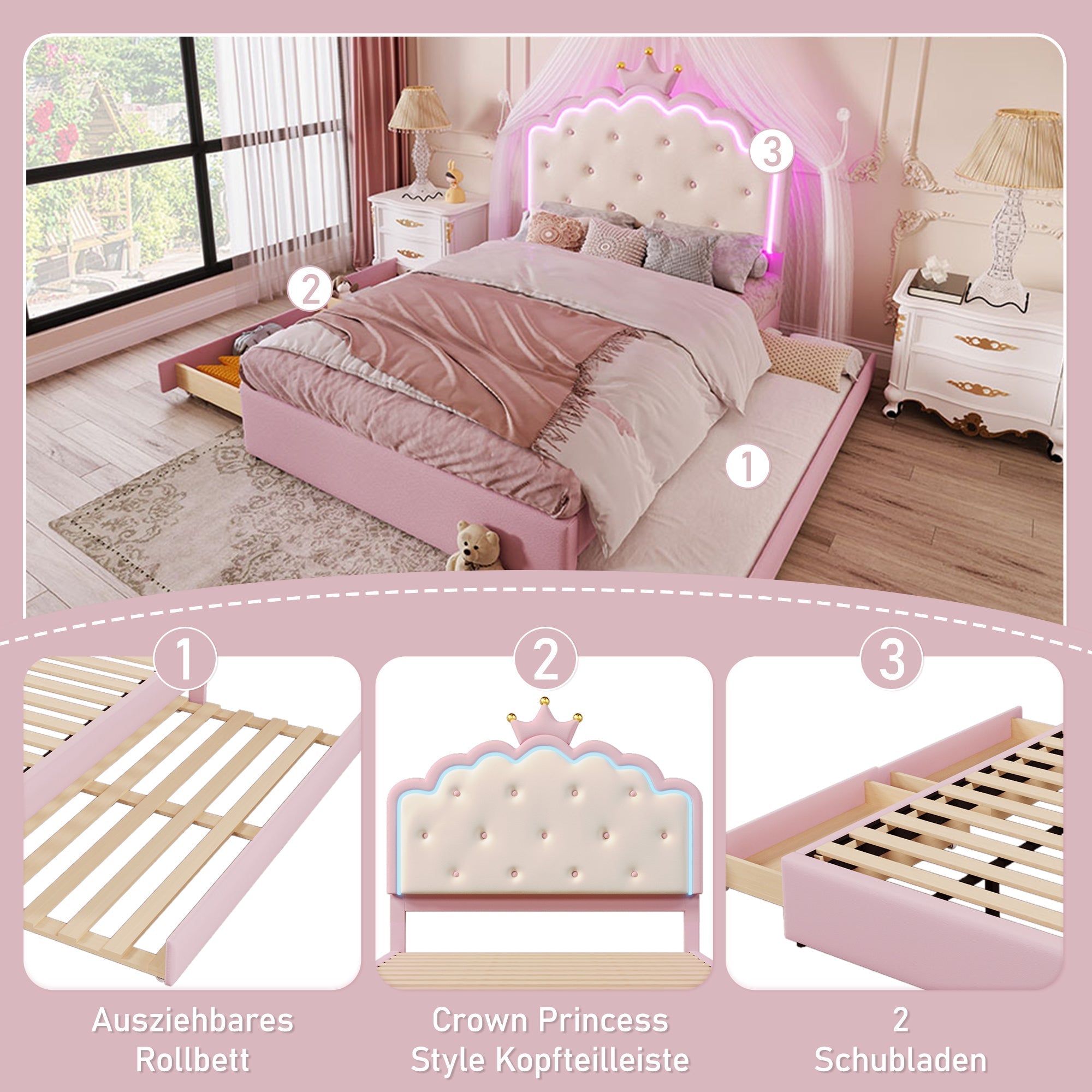 Upholstered Bed 140x200cm Pull-out 2 Drawers Ambient LED Princess Design - Pink PU