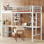 Loft Bed 90x200cm Metal Frame with Desk and 2 Bookshelves White
