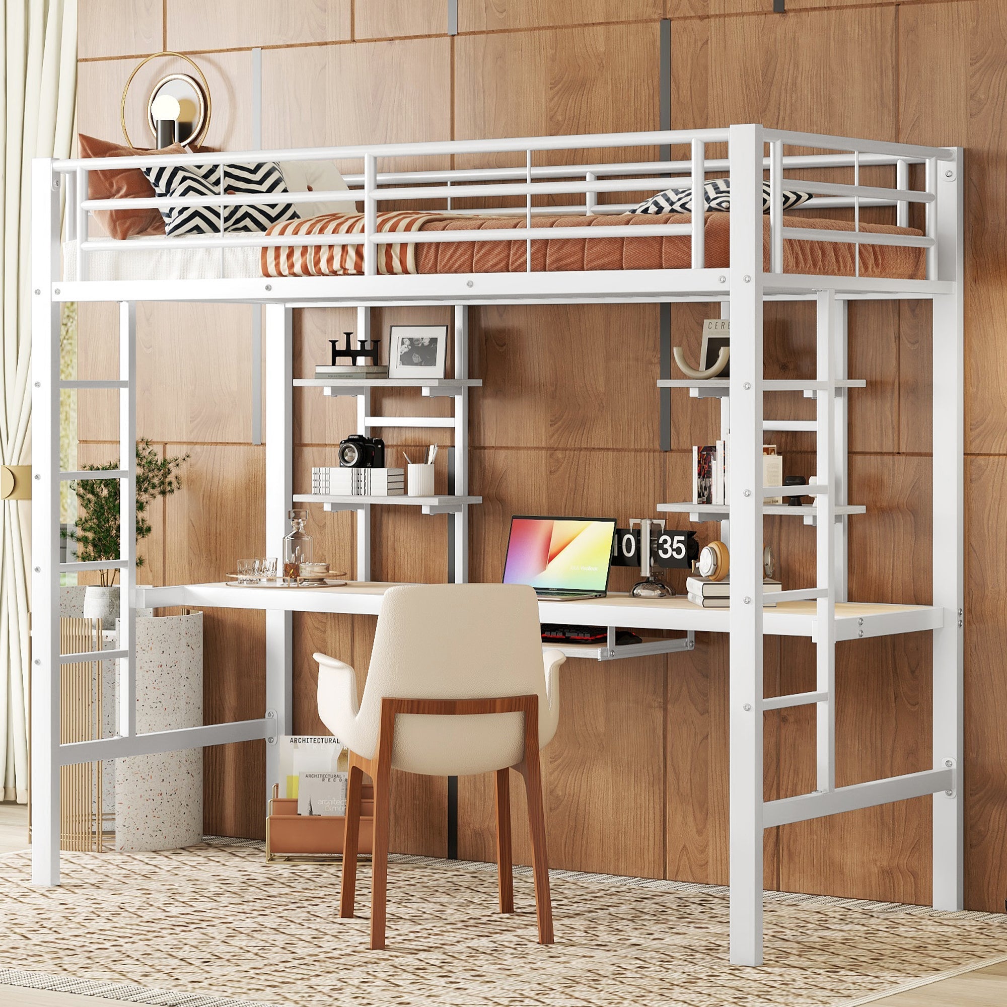 Loft Bed 90x200cm Metal Frame with Desk and 2 Bookshelves White