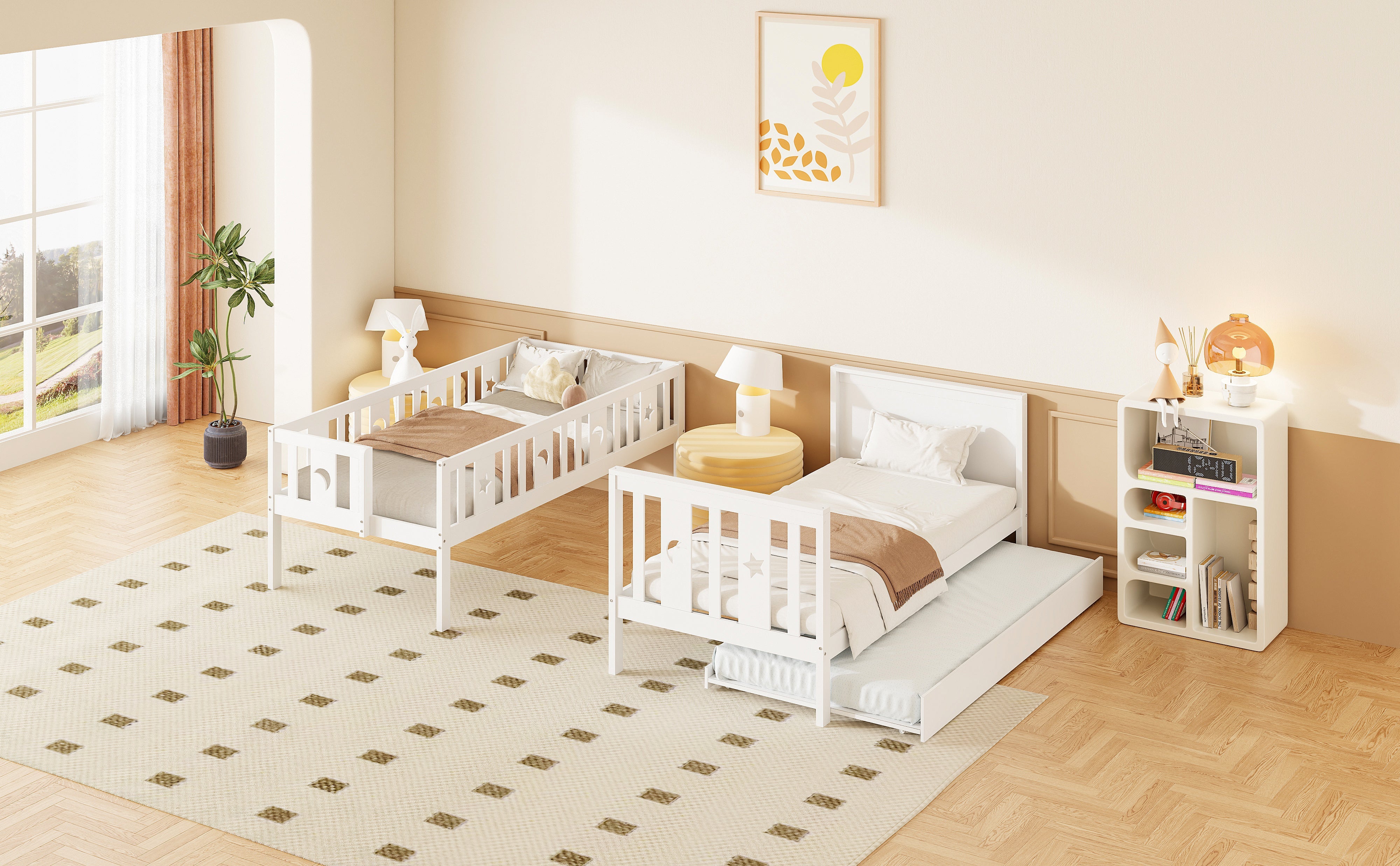 Children's Bunk Bed, 90*200 cm with Pull-out Bed, Safety & Storage Stairs, Solid Wood White