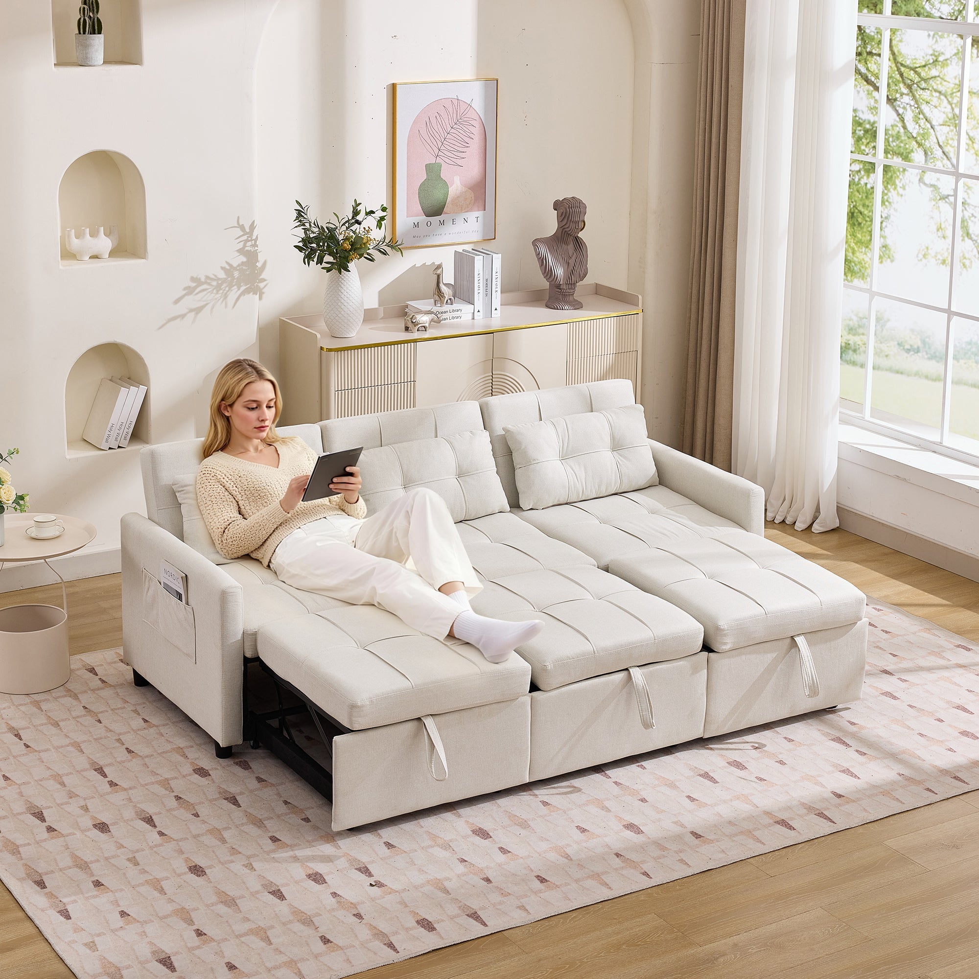 3-Seater Sofa Bed Adjustable Back Storage L-Shape - Beige