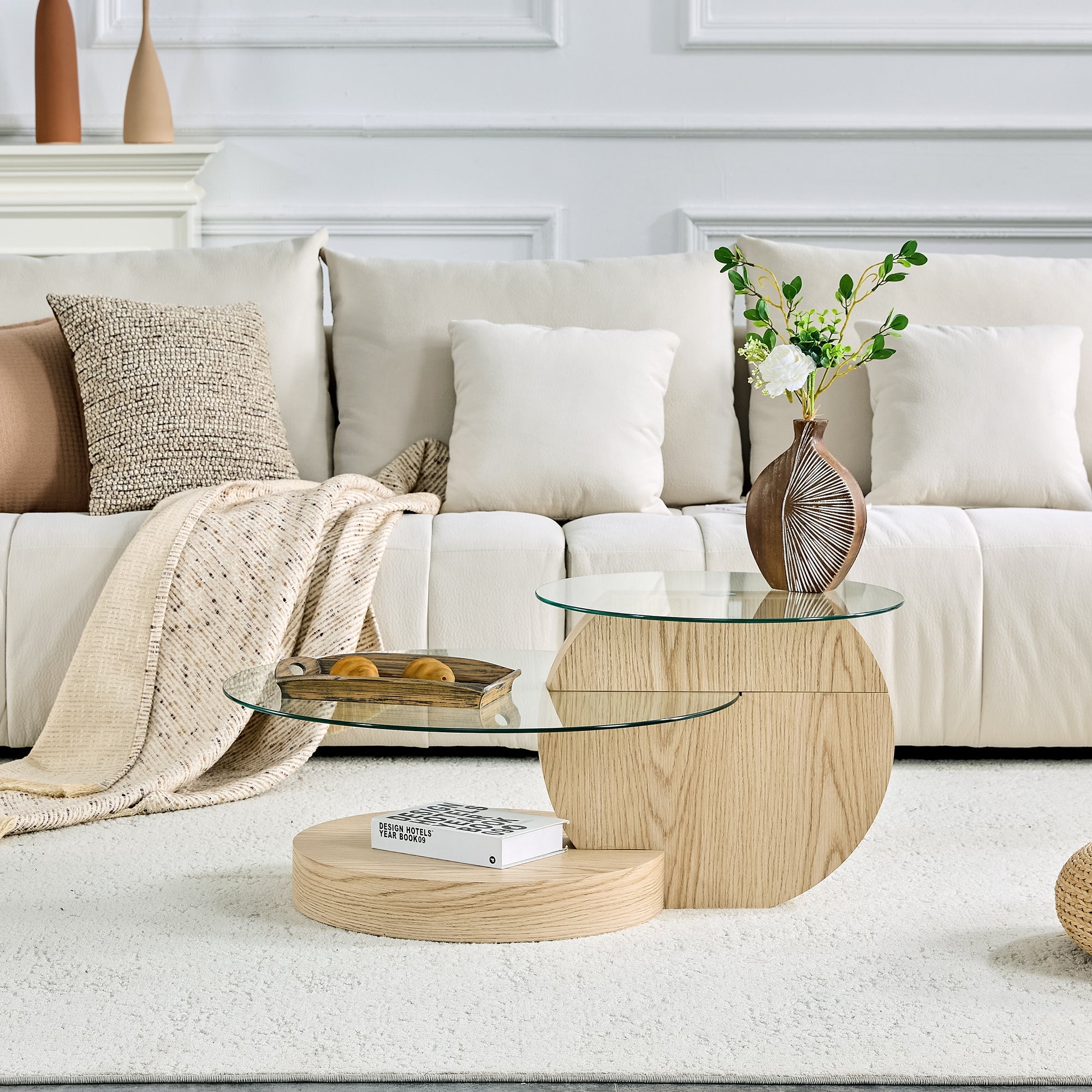 Modern Minimalist Two-Tiered Coffee Table with Safety Glass and Multi-Layered Design, Light Wood Grain MDF