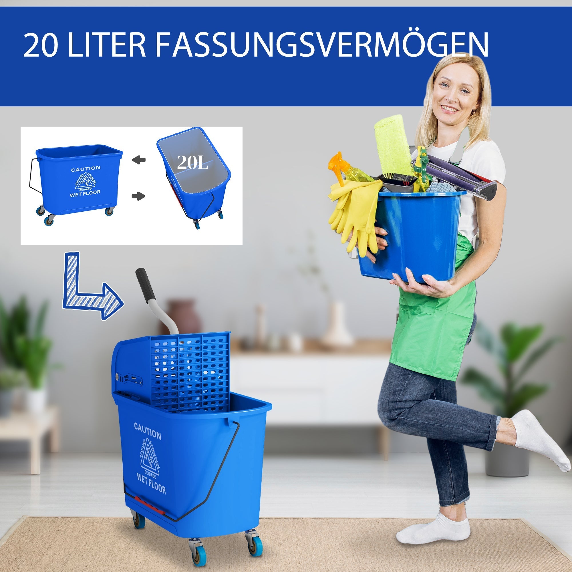 Reinigungswagen, 20L mit Schleuder und Trennsystem, Blau