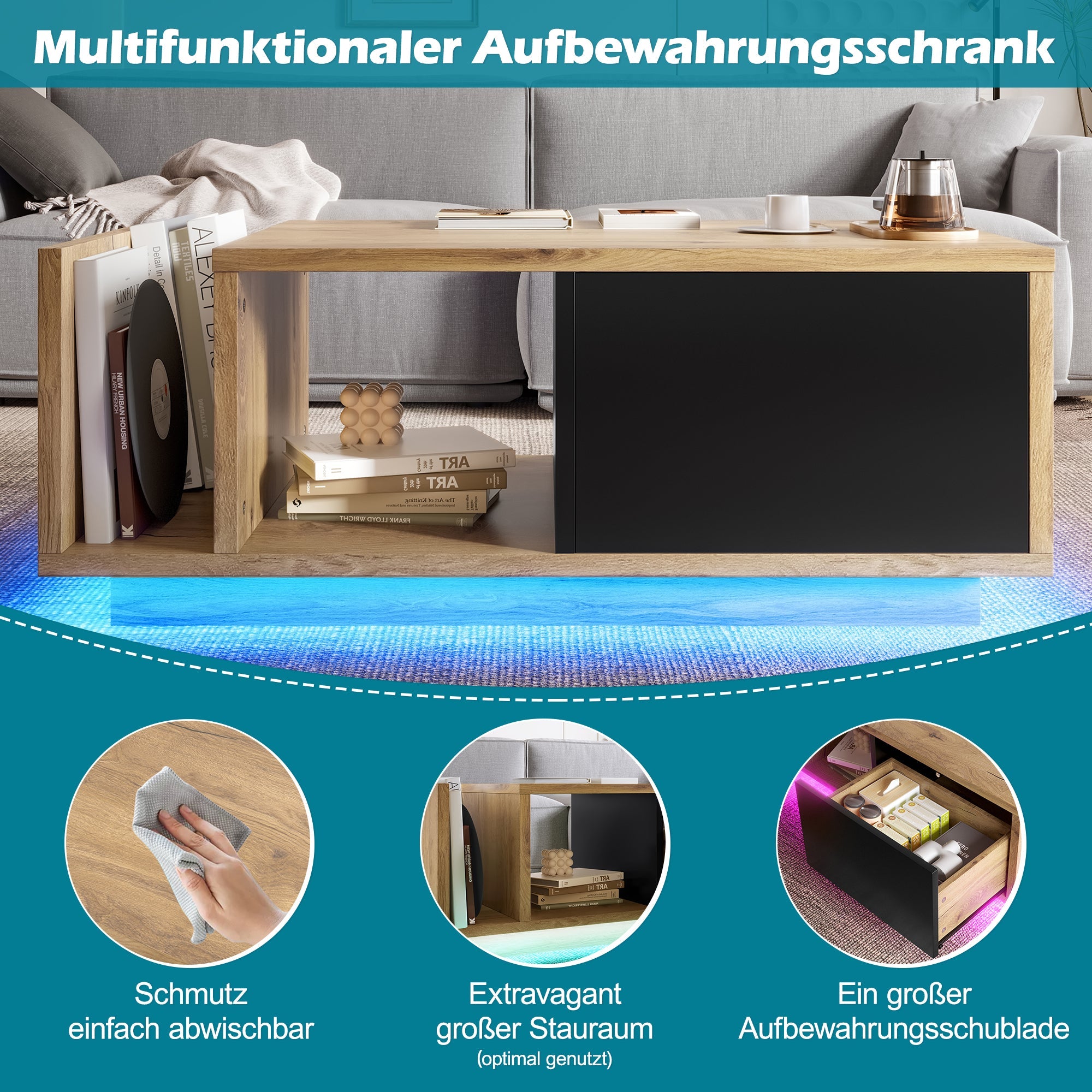 Retro Sideboard, Room Divider with LED Lighting, Wood-Metal Design