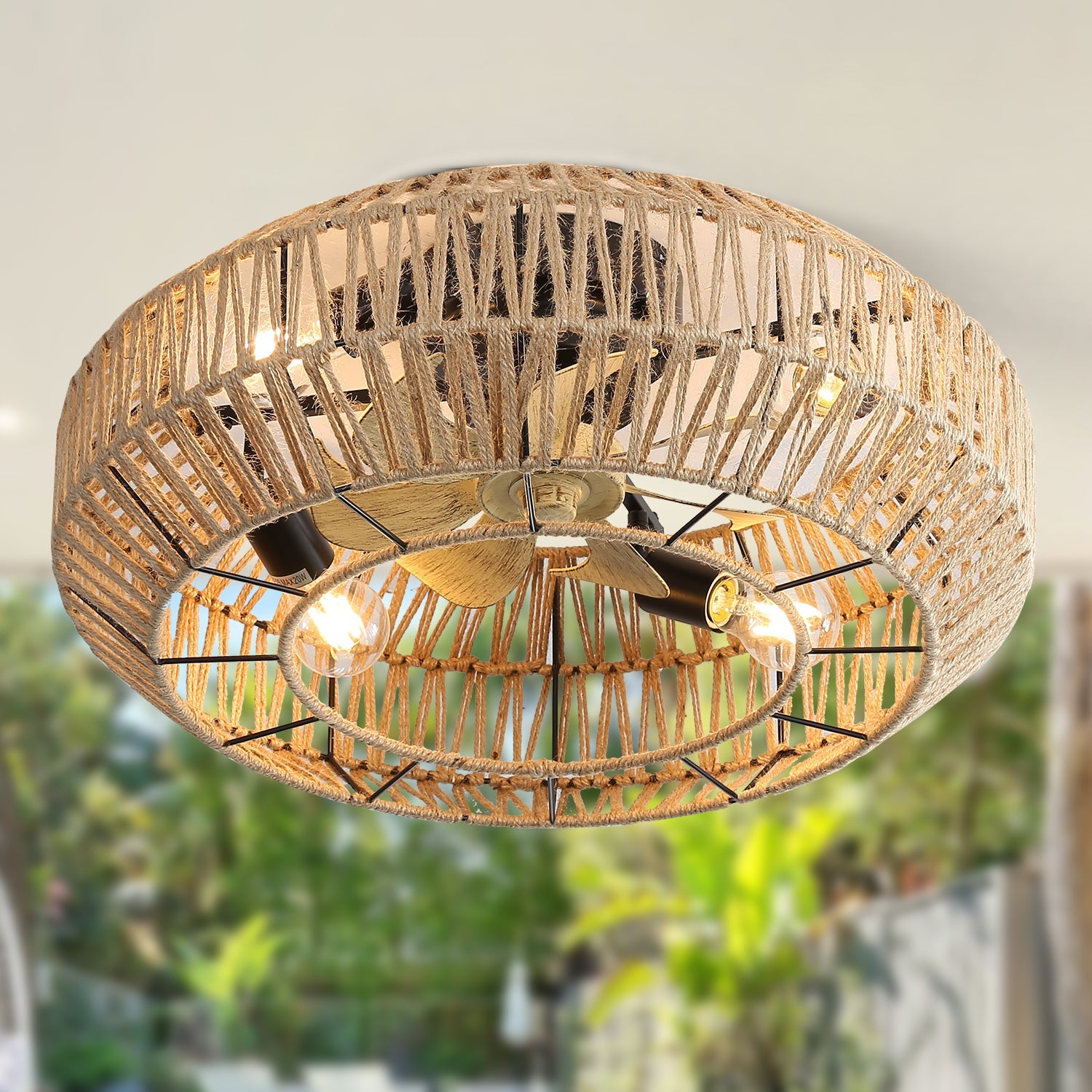 Boho Cage Ceiling Fan, 22-inch, 6 Speed, Reversible DC Motor, Rattan Weave