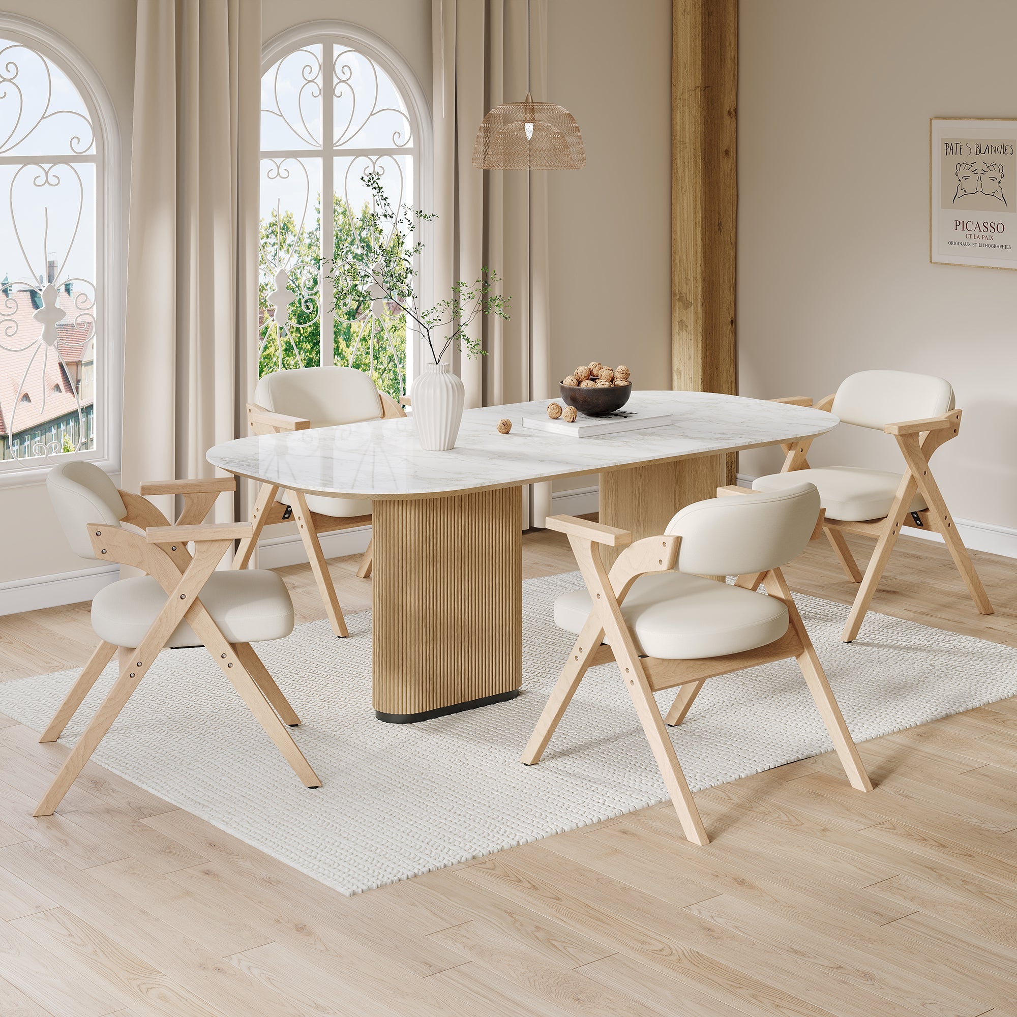 Folding Dining Chairs, Set of 4 Solid Wood Foldable and Breathable Chairs, Linen Beige