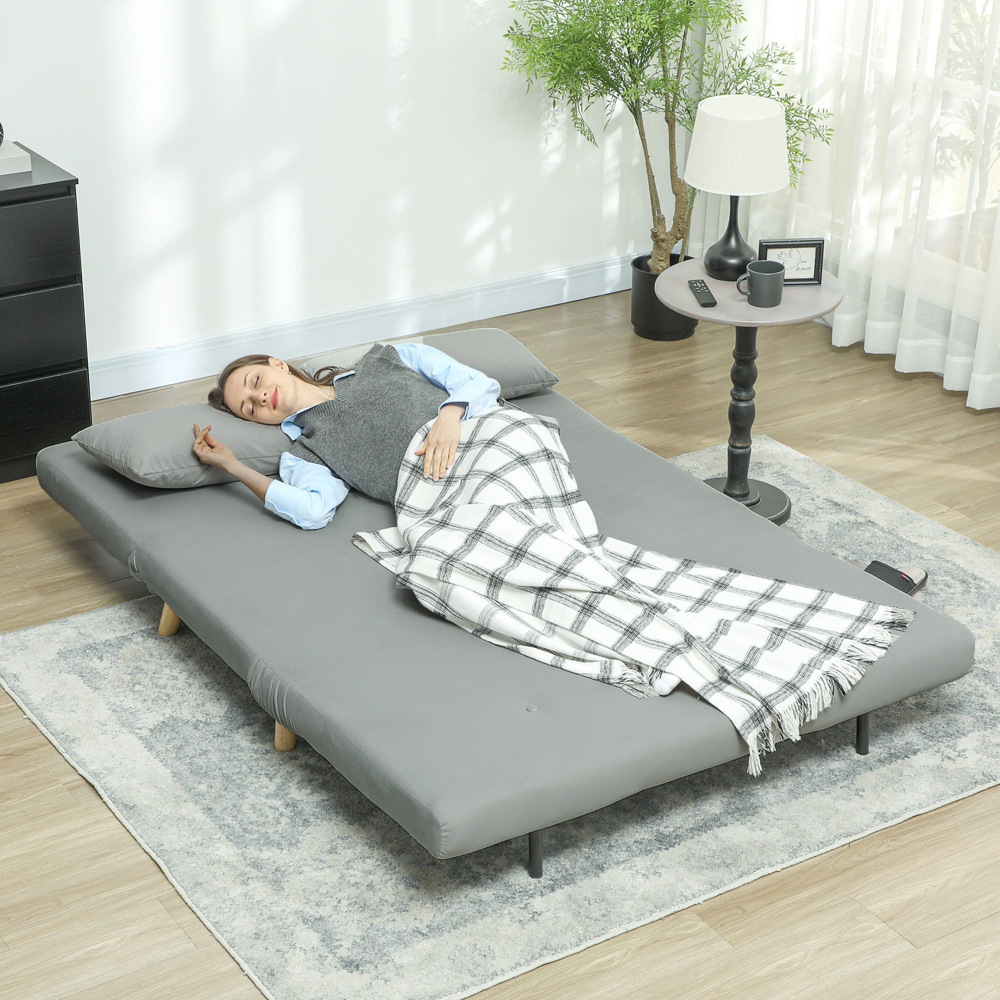 Recliner chair, folding bed with bed function, lumbar cushion, adjustable, up to 250 kg, gray velvet