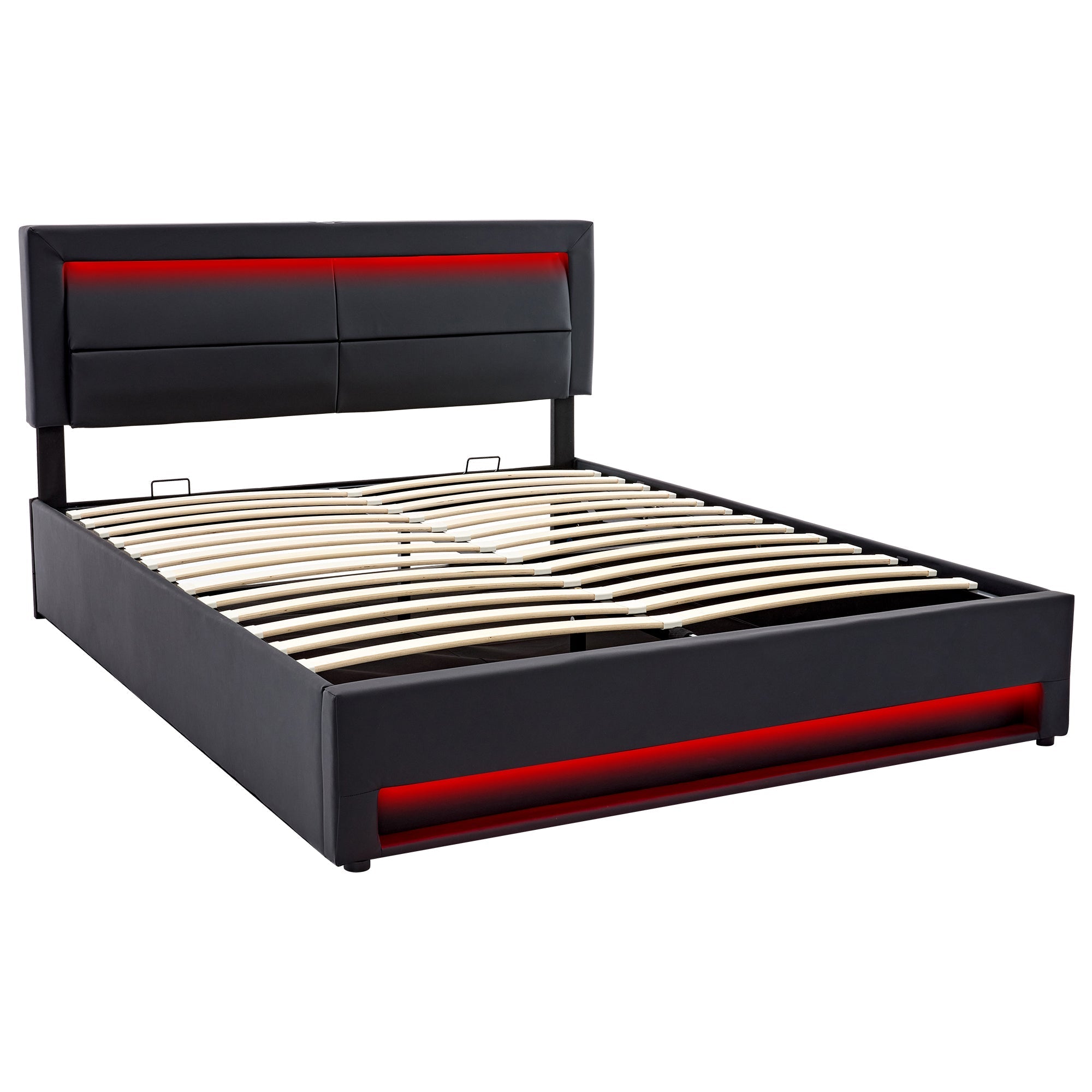 Upholstered Bed 140x200cm LED Storage USB Charging - PU Lychee Black