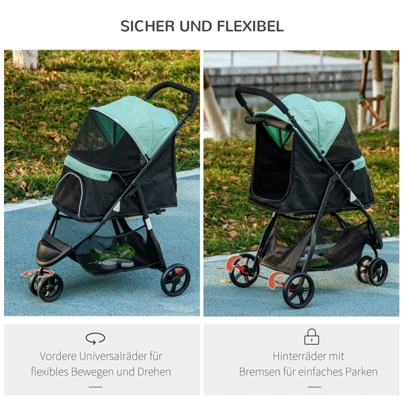 Tierkinderwagen, faltbar mit Regenschutz & 2 Getränkehaltern, Blau + Grün