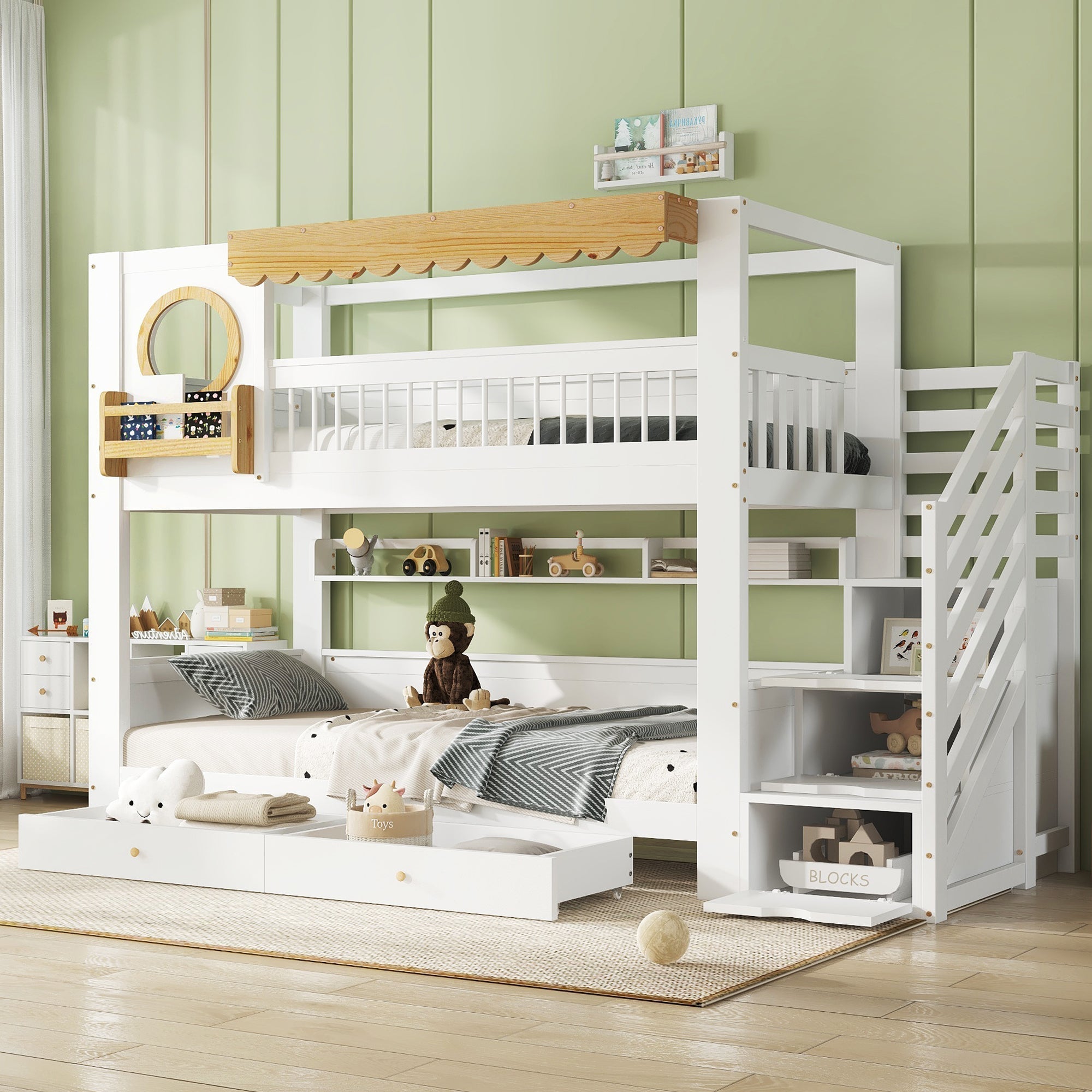 Bunk Bed with Storage Drawers, Staircase Wardrobe, 90x200cm, Pine + MDF White/Natural