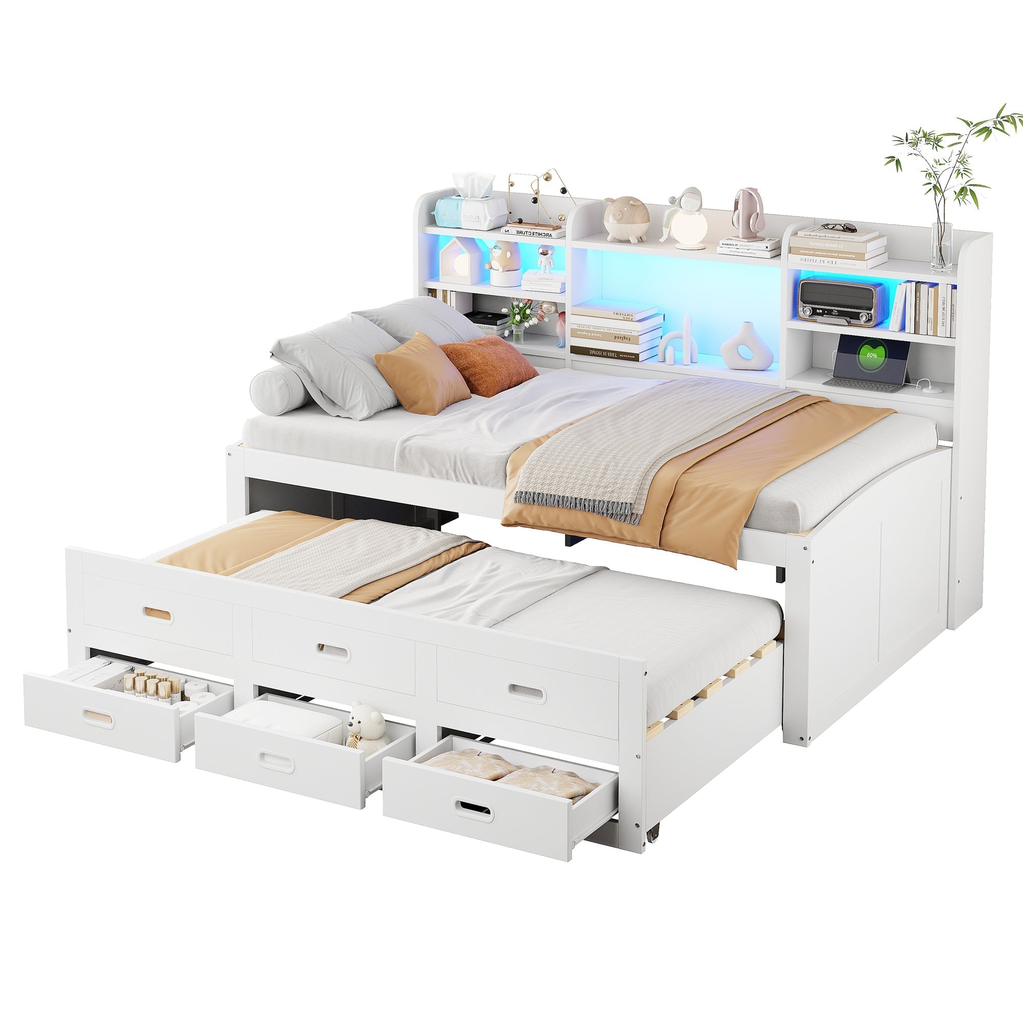 Sofa Bed Daybed 90x200cm Extendable LED 3 Drawers Shelf USB/Type-C - White