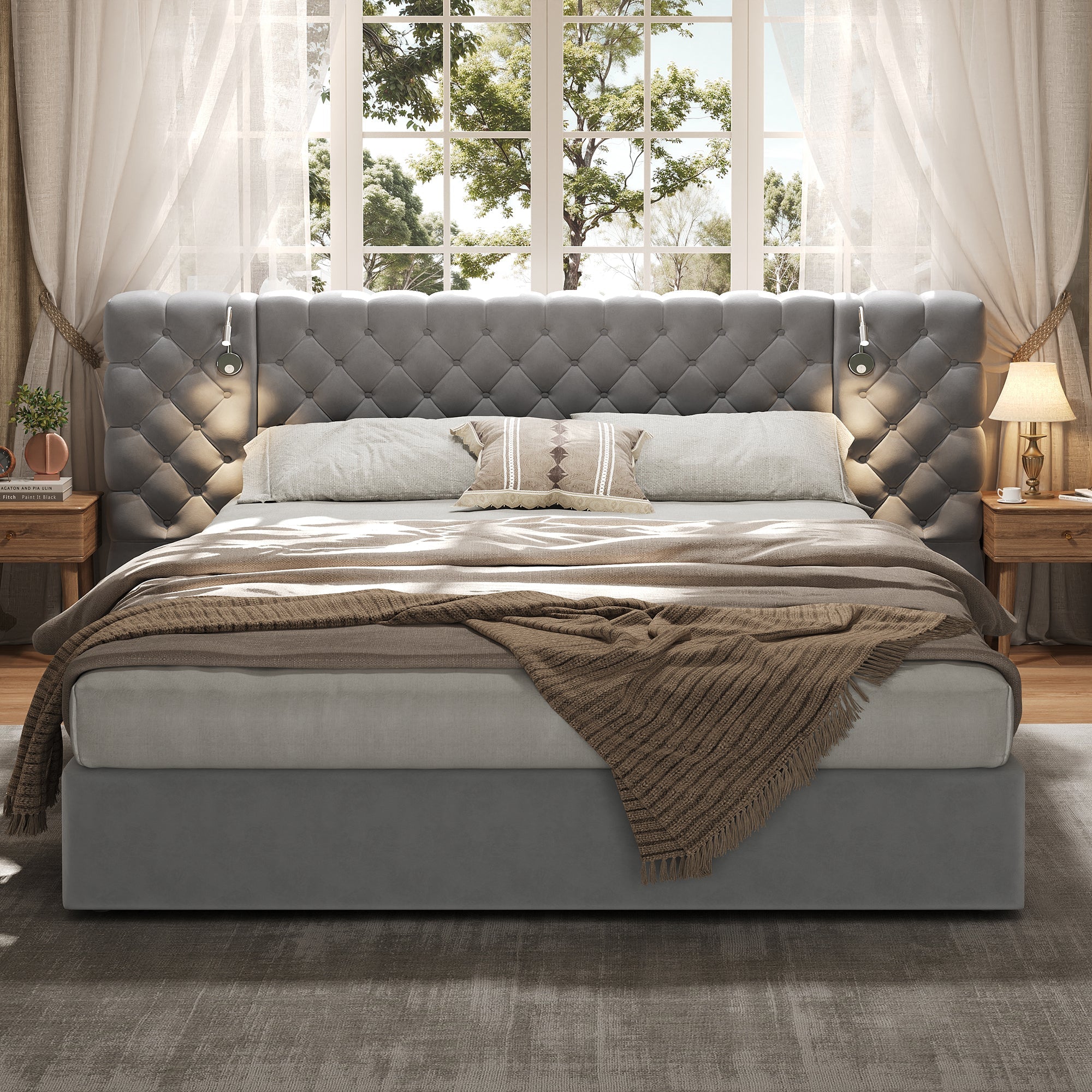Upholstered Bed, King Size Hydraulic Storage with Reading Light, Velvet, Gray