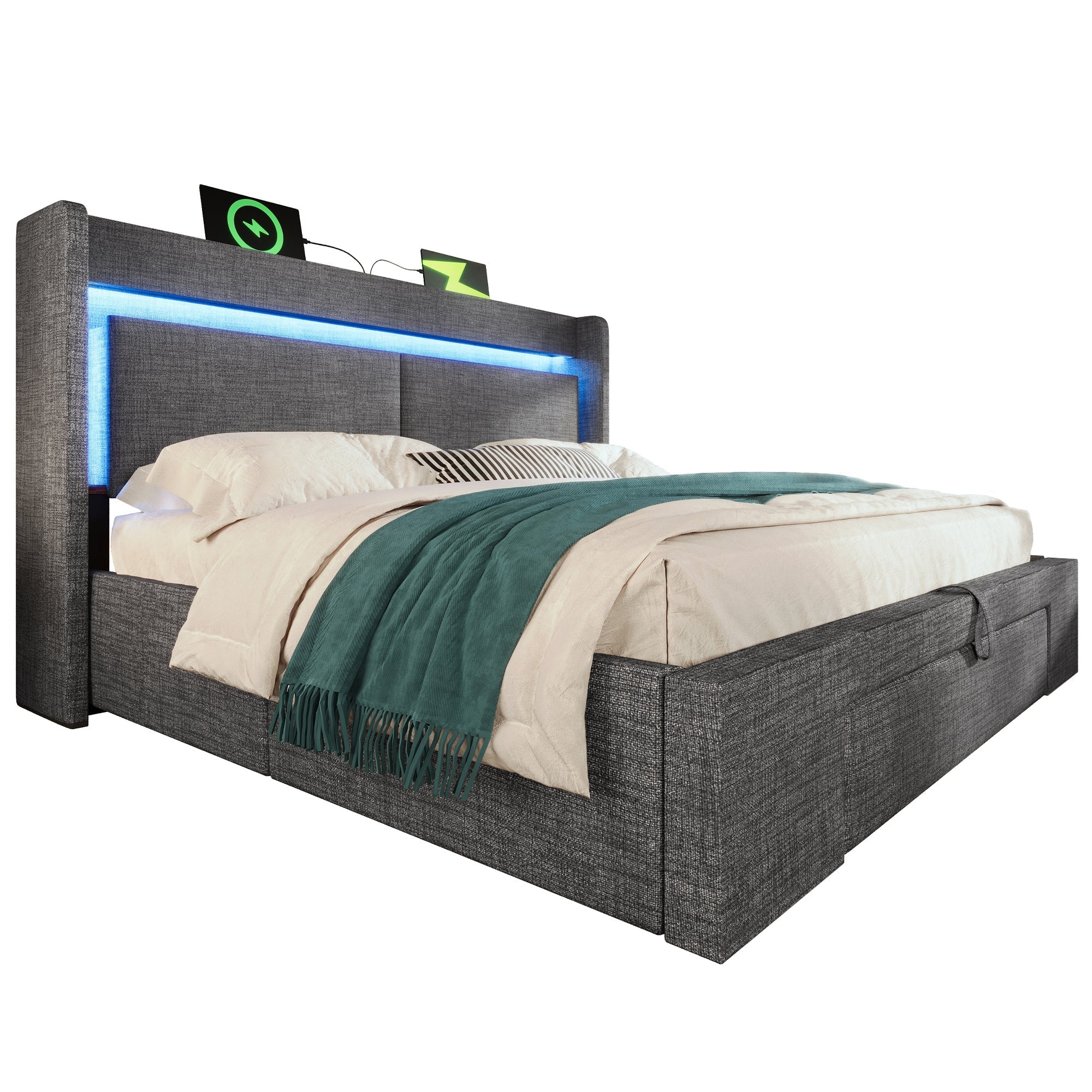 Upholstered Bed 160x200cm Hydraulic Storage Headboard Compartment LED USB/Type-C Linen Grey