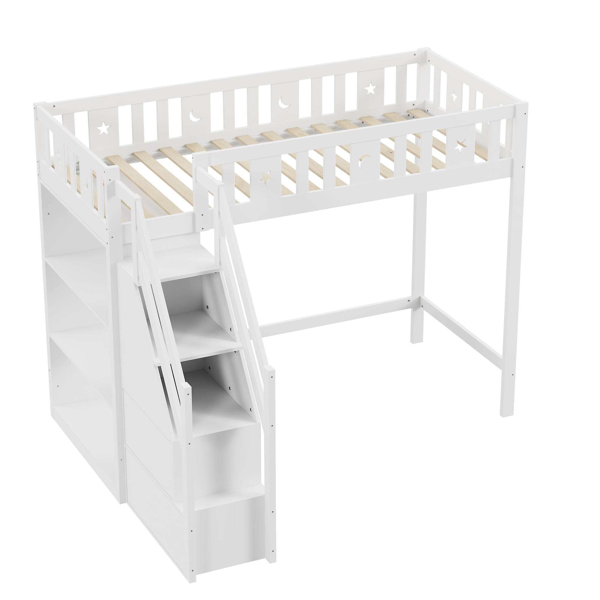 Loft Bed with Storage Ladder & Shelves, Single Wooden, Solid Wood Frame, White