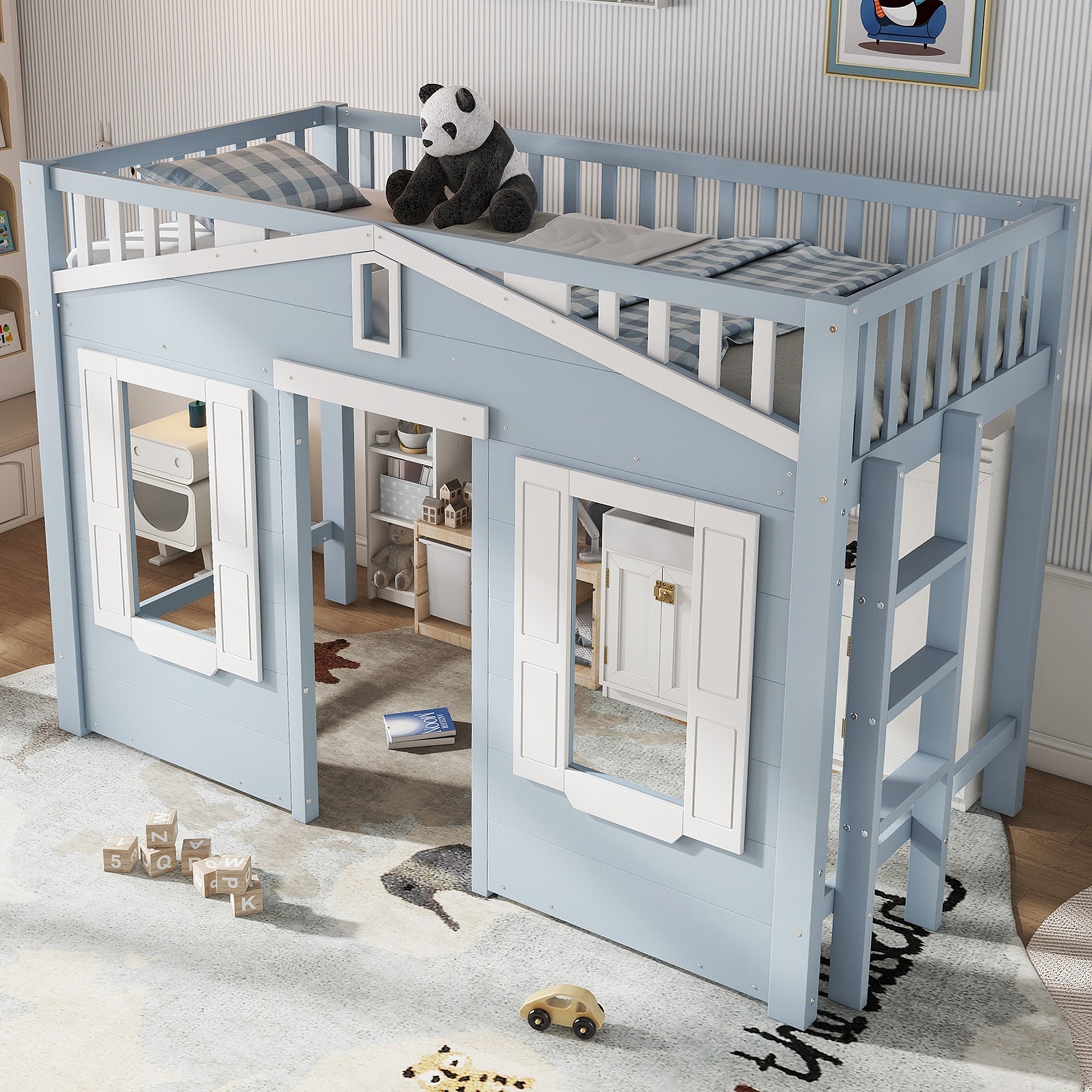 Loft Bed, Flexible Design with Window & Ladder, Pine + MDF + Plywood, Blue