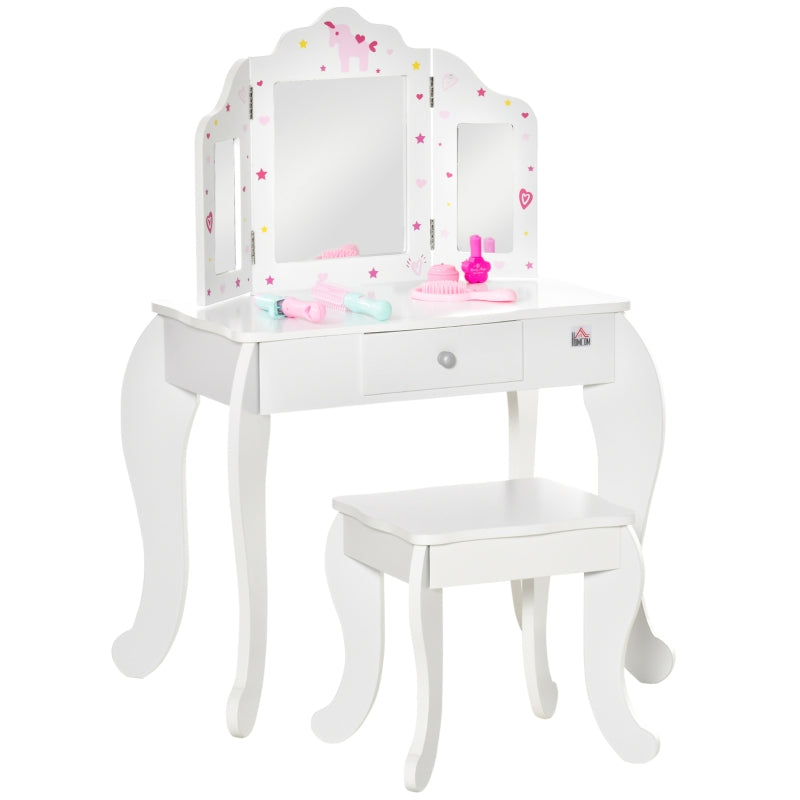 Kids Vanity Table and Chair Set, Tri-Folding Mirror Stool Drawer, White