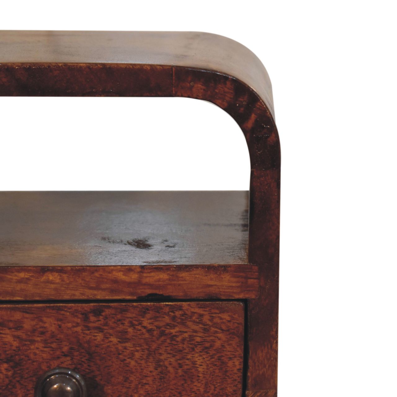 Solid Wood Extra Mini Curve Bedside, Open Slot and 1 Drawer, Dark Brown