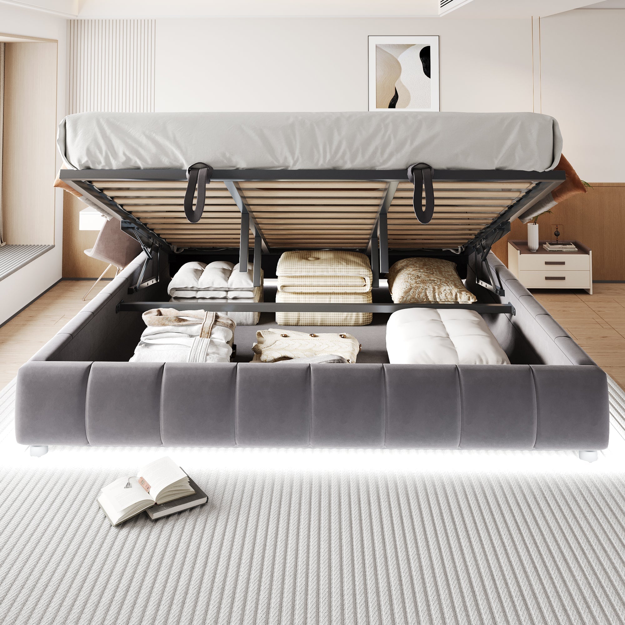 Upholstered Bed, 180x200cm LED Floating with Storage, Grey