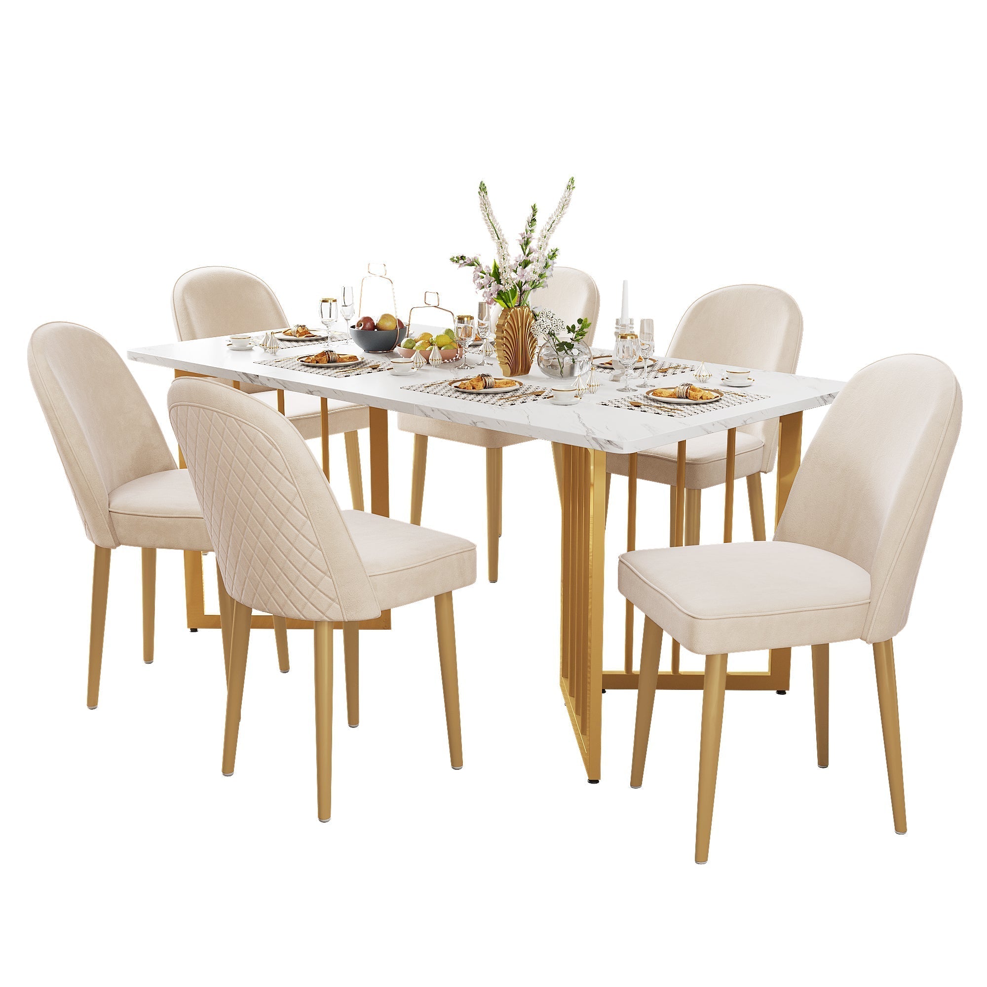 6 Dining Chairs Modern Gold Metal Legs Beige Velvet