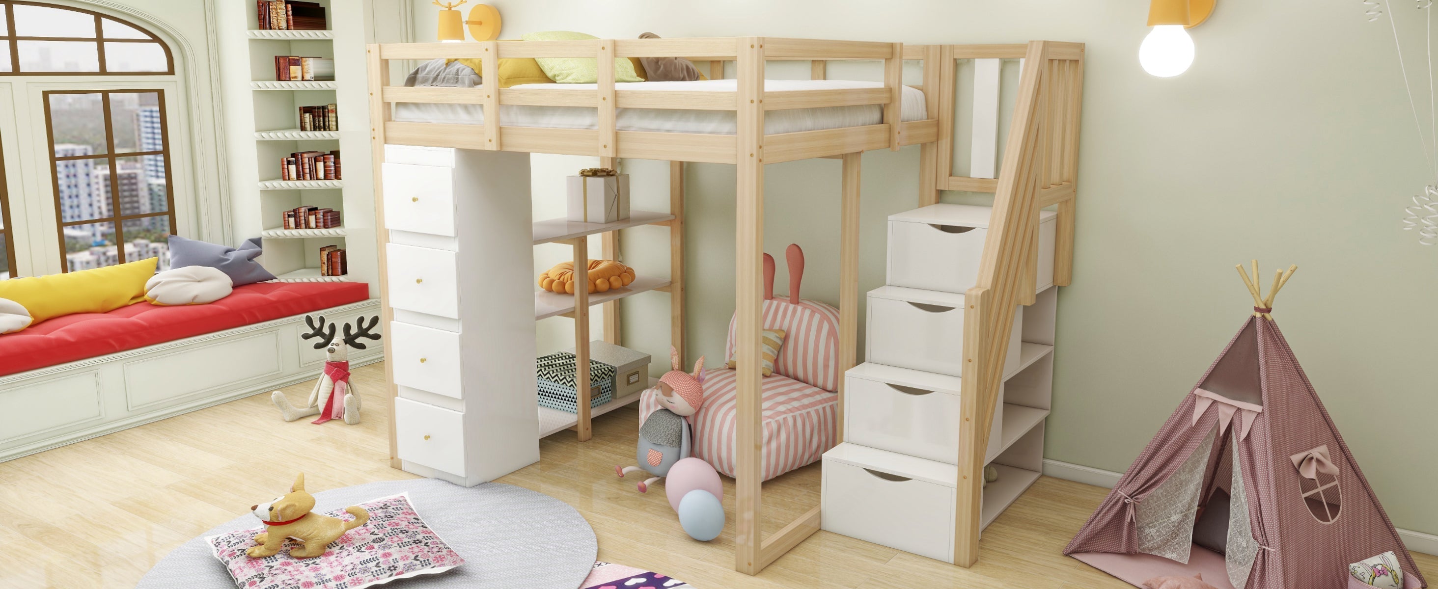 Loft Bed with 4 Drawers and Storage Stairs, 140x200 cm, White and Natural Wood