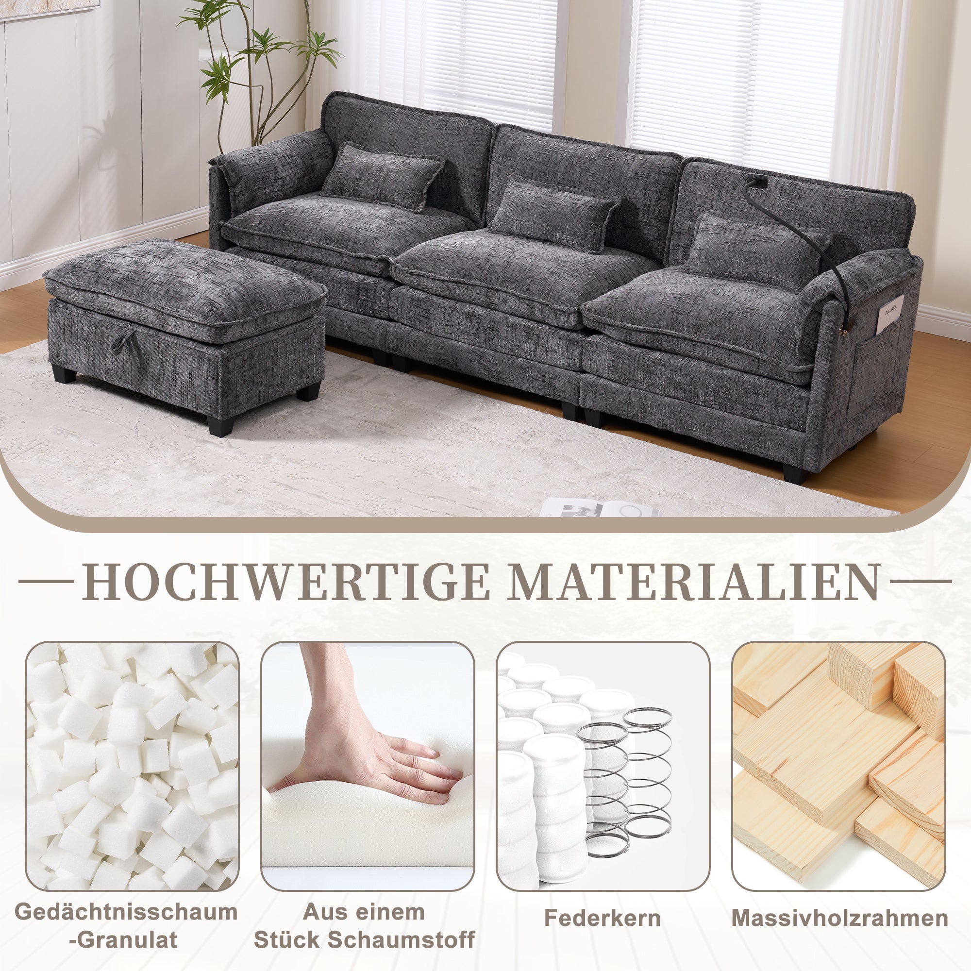 Modern 2-Seater Sofa USB Port Storage Footstool Memory Foam - Chenille Grey