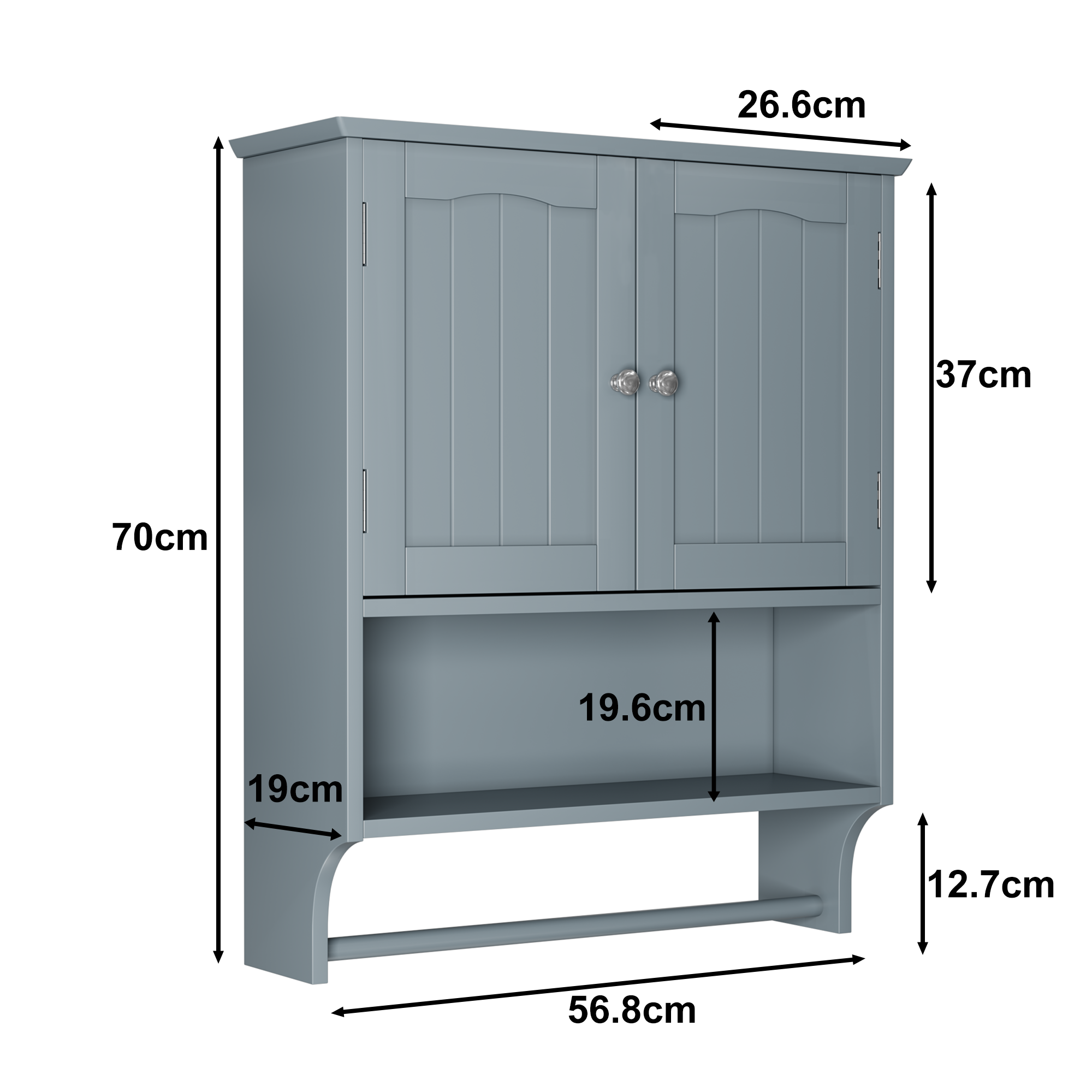 Bathroom Wall Cabinet, 2 Doors, Open Shelves & Towel Rail, Grey