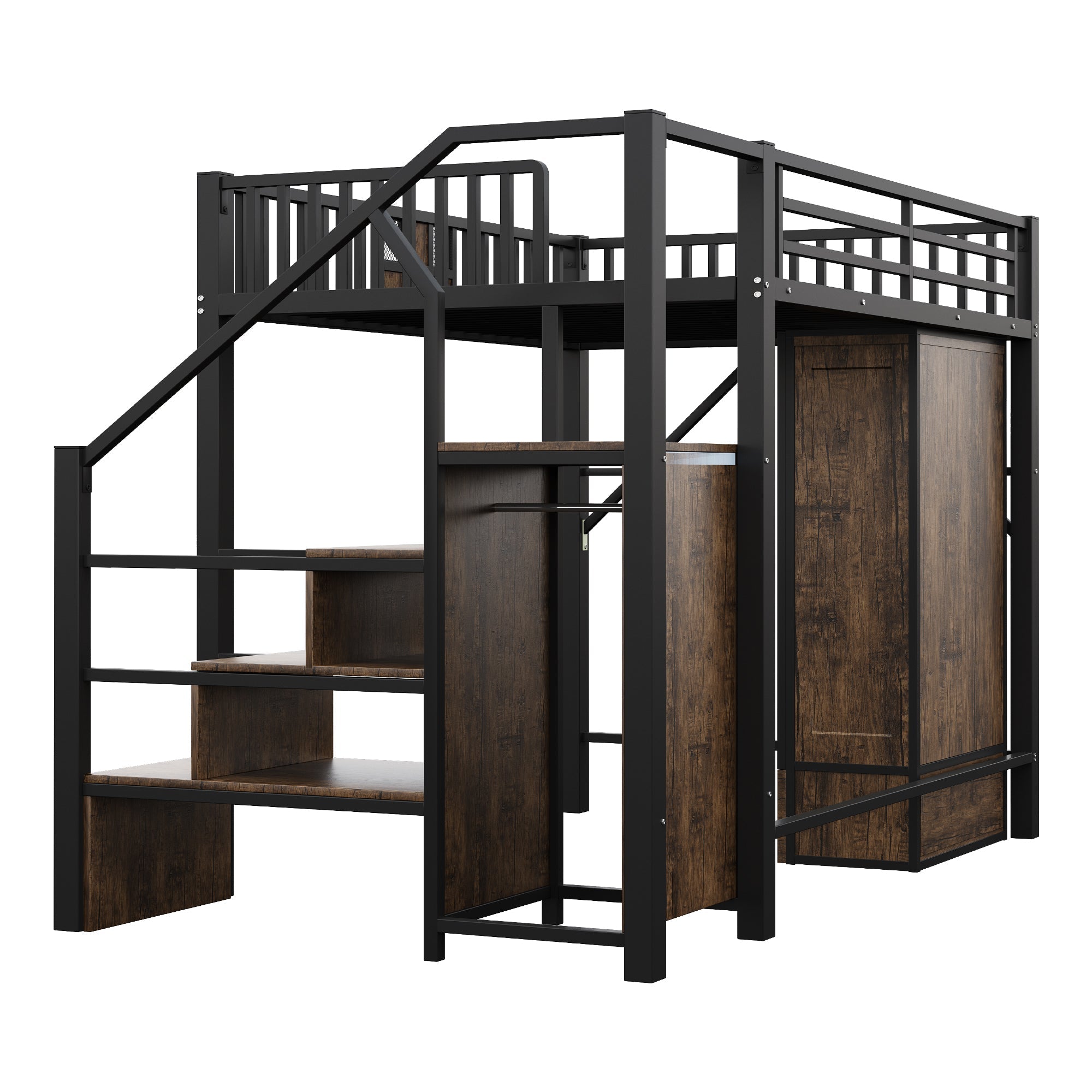 High Loft Bed with Wardrobe, Storage Ladder and Metal Frame, Black Metal and Wood