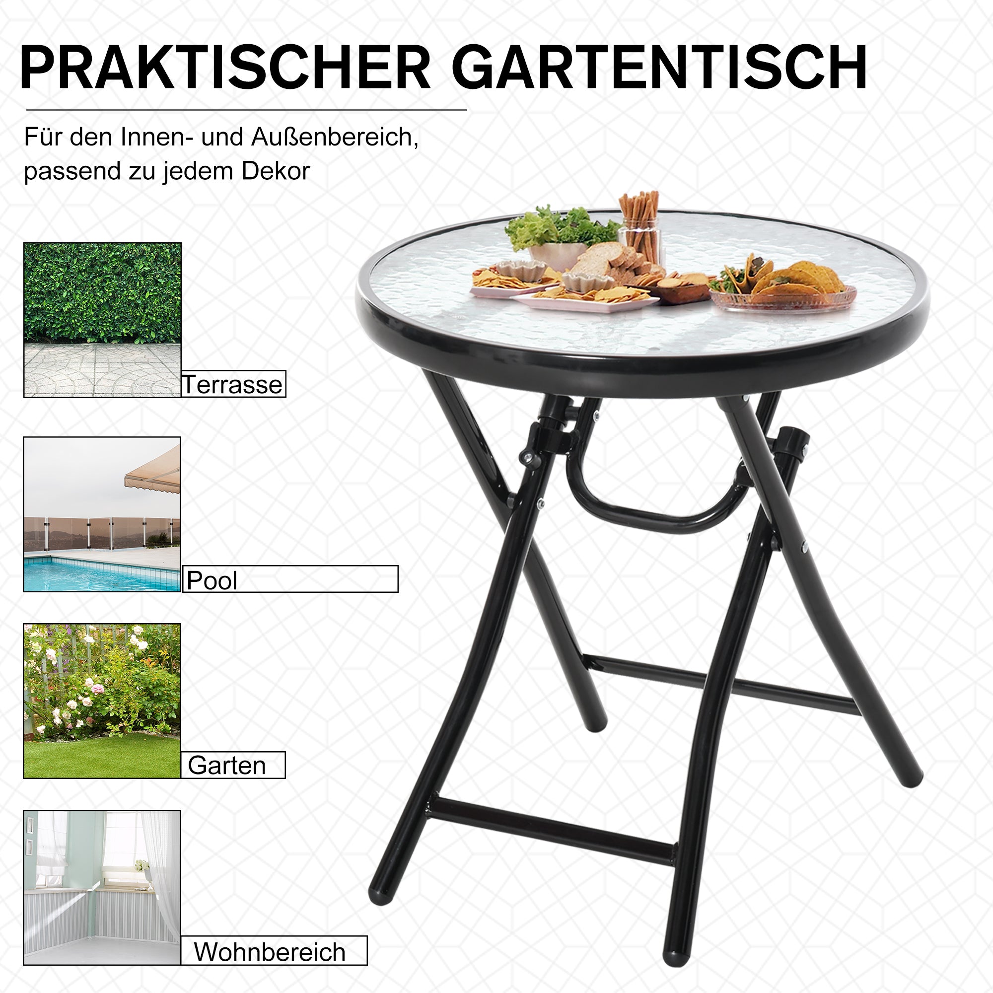 Round Side Table Folding Garden Table Glass Top Ø45cm Metal, Black