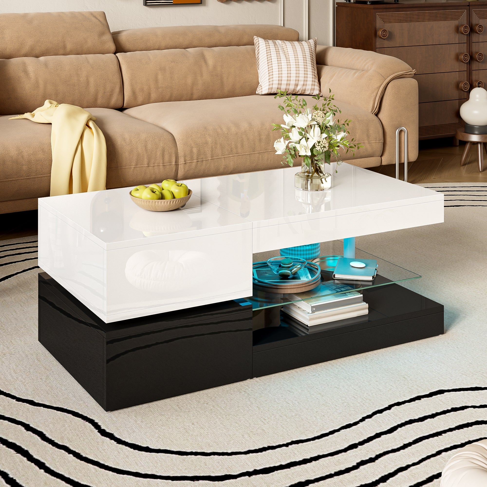 Modern Coffee Table with LED Ambient Lighting, Glass Shelf, High-Gloss Surface, Black and White