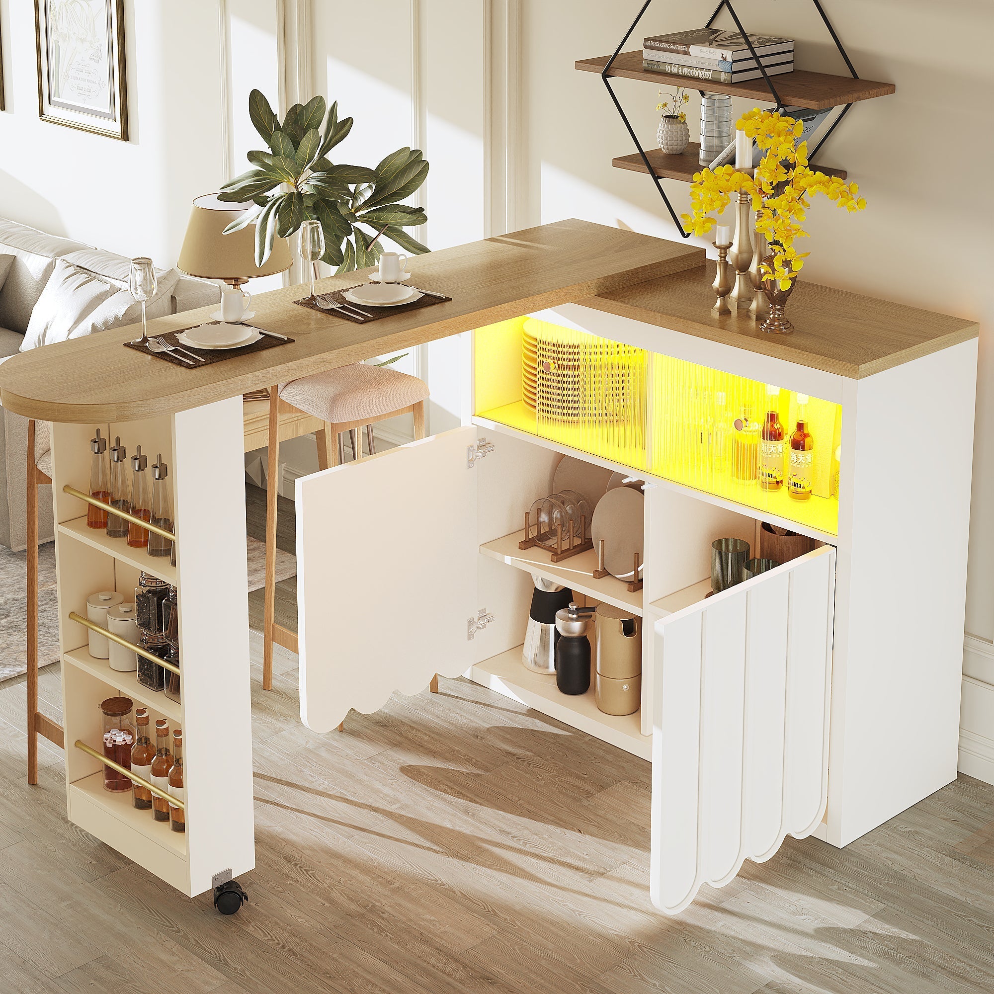 Telescopic Bar Table Storage LED Movable - White