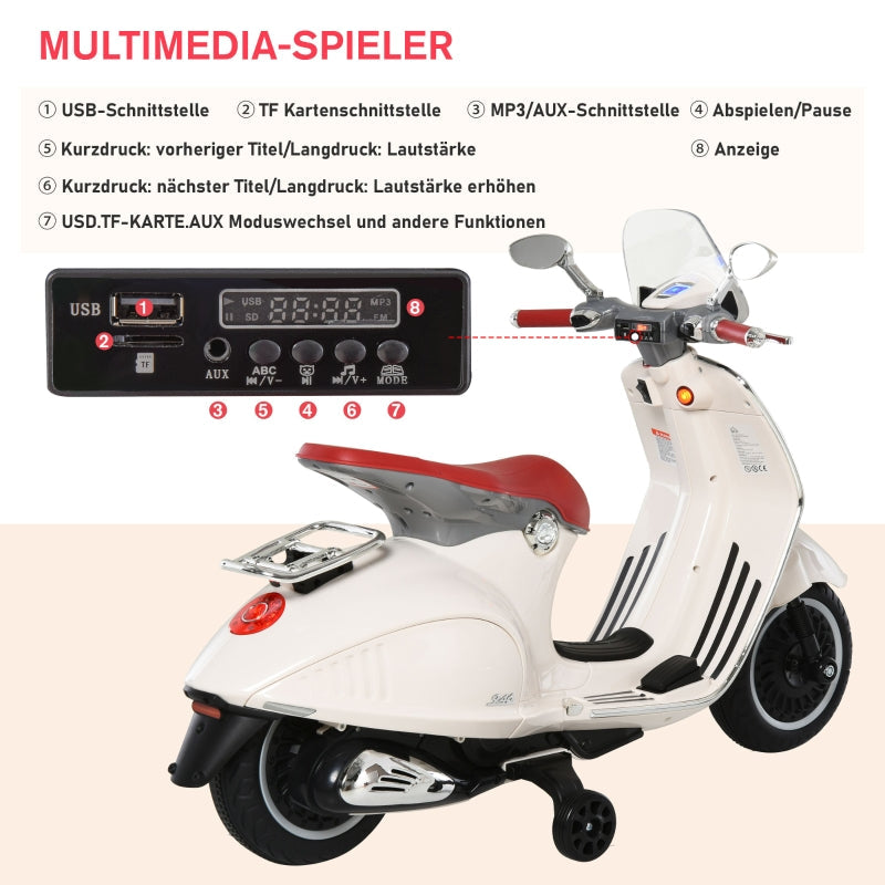 Children's Electric Motorcycle with 6V Battery, Headlight and Training Wheels, White