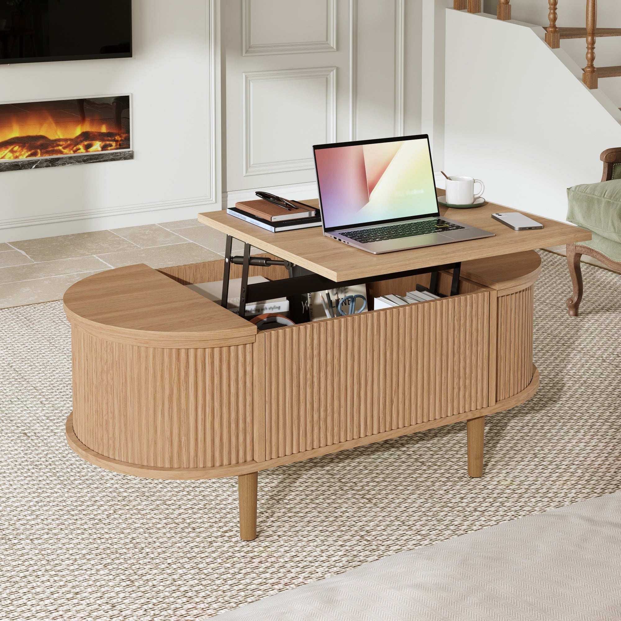 Oval Adjustable Coffee Table with Storage and Multifunctional Design, Vintage Style, Solid Wood Legs