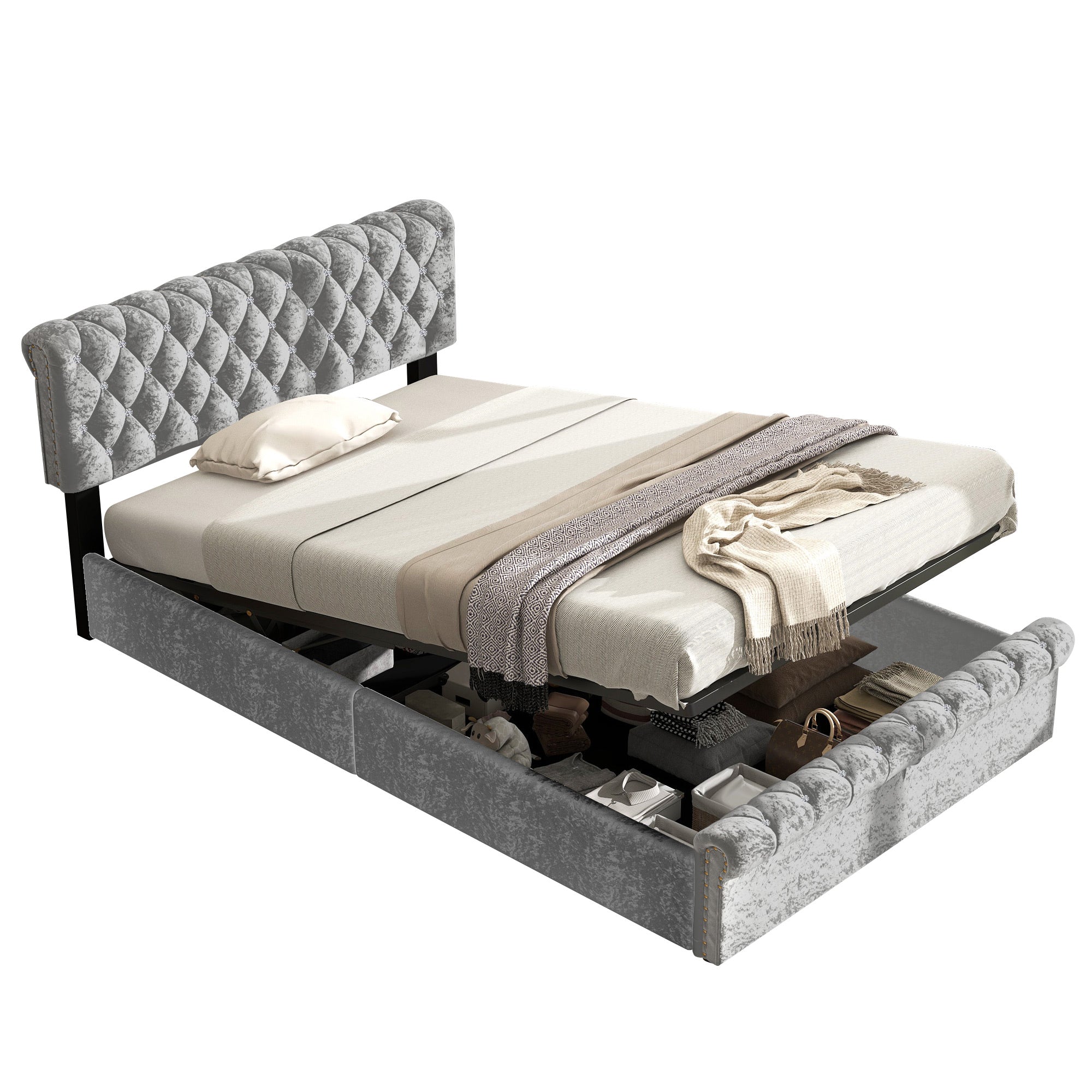 Upholstered Double Bed with Hydraulic Storage and Height-Adjustable Headboard, 140x200cm, Grey Velvet
