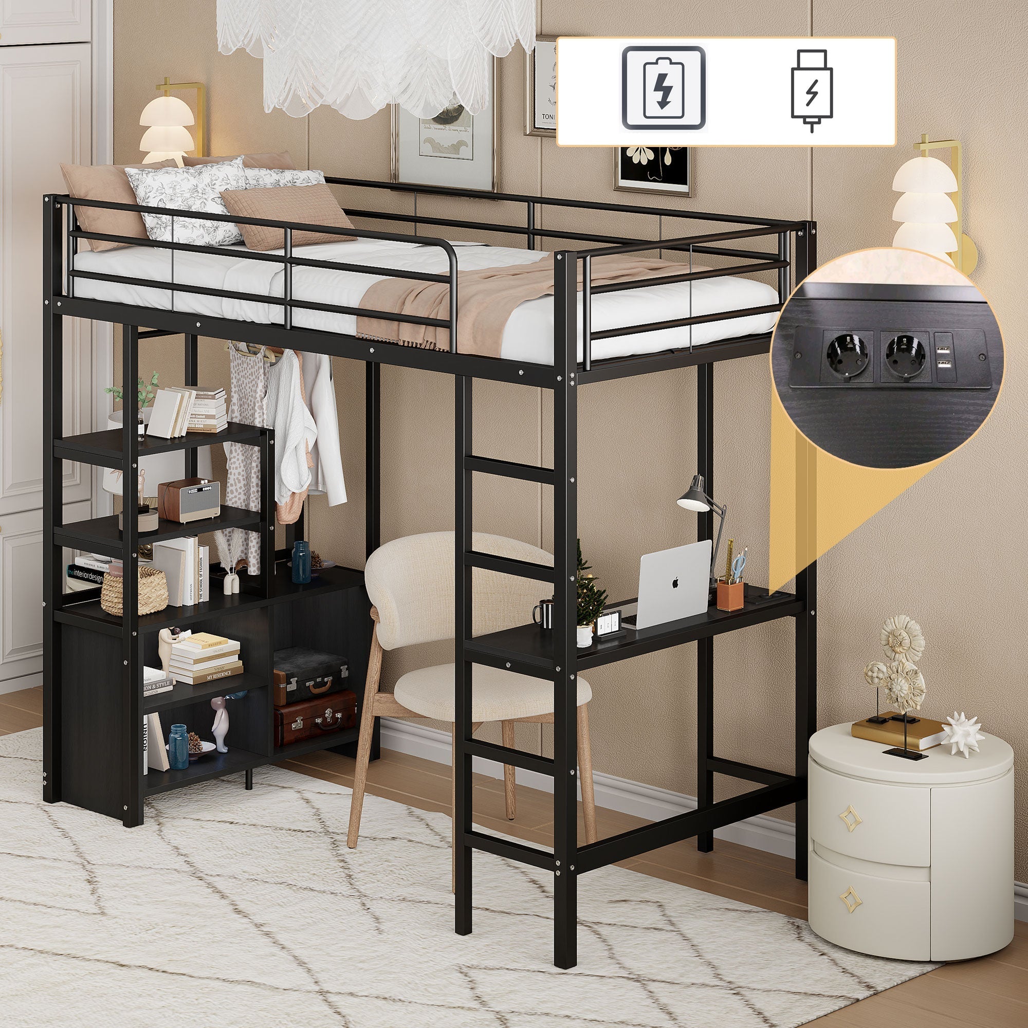 Loft Bed 90x200cm with Desk USB Charging Shelves Storage Ladder Black Iron