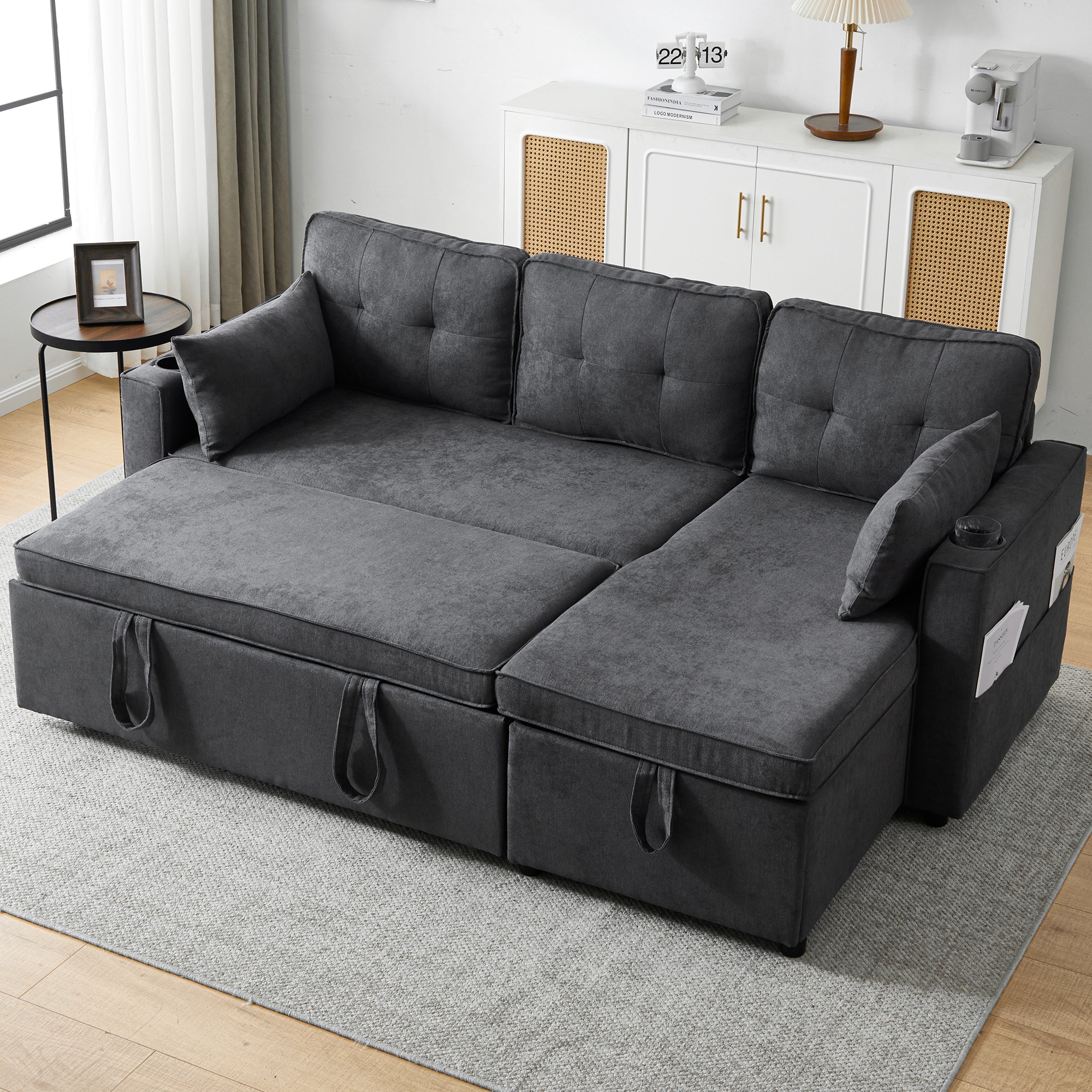 3-in-1 Convertible Sofa Bed with Storage Chaise, Cup Holders, Pillows - Grey