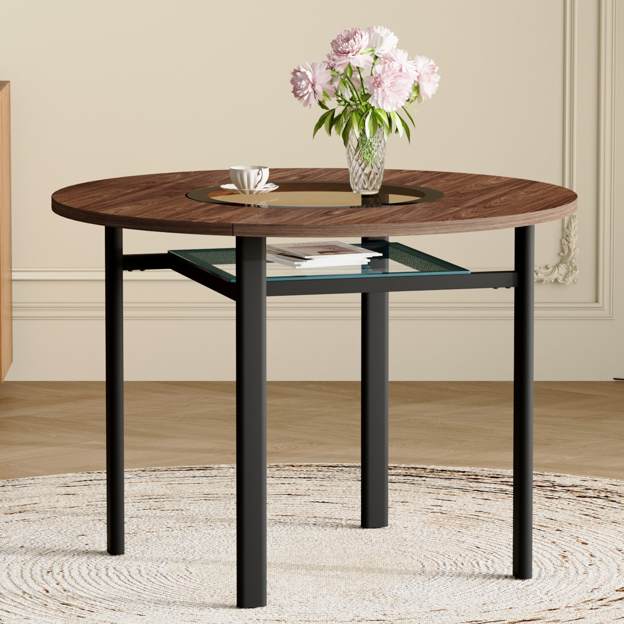 Round Table 100cm Modern Minimalist 2-4 Seater Glass Top Brown Wood Pattern