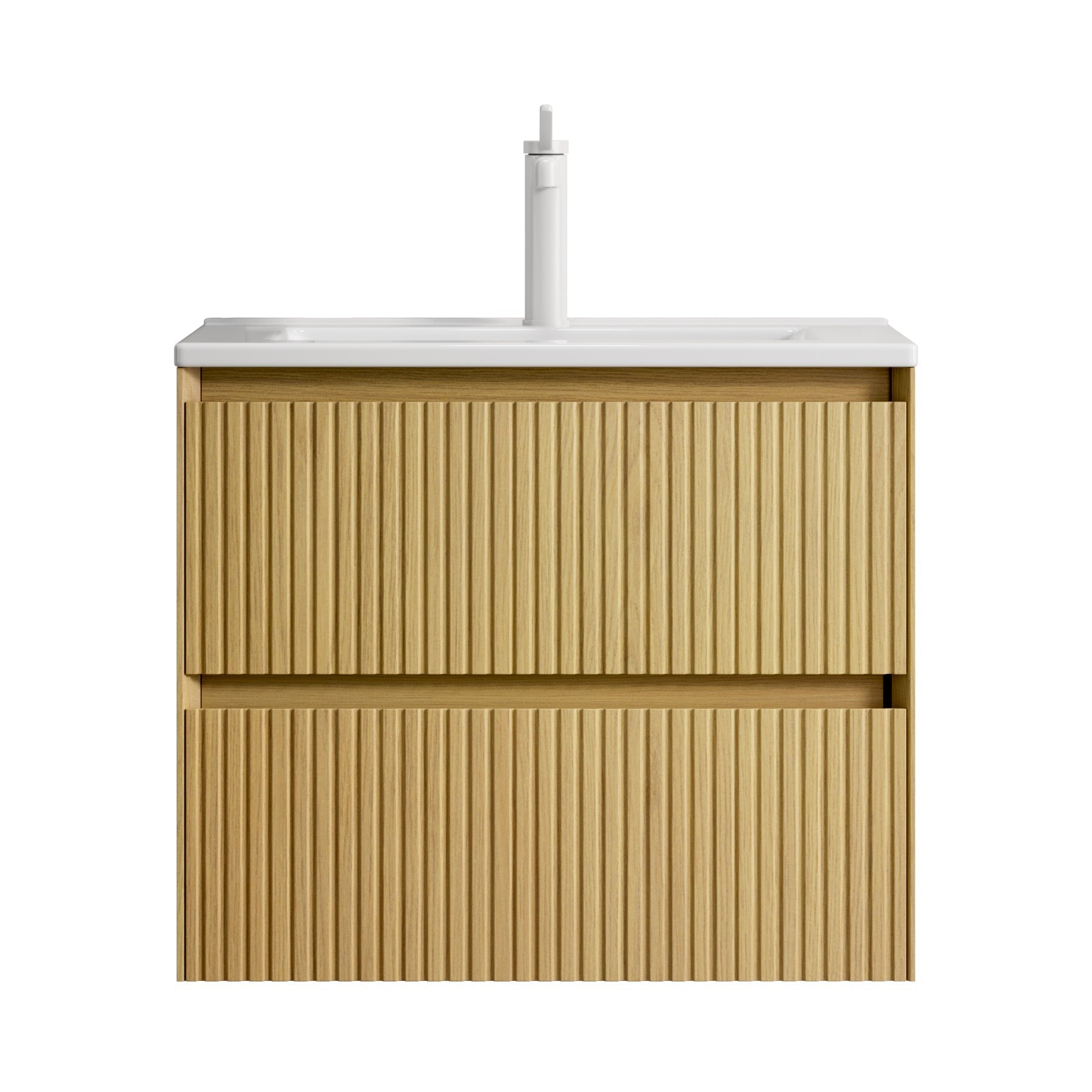 Wall-mounted Bathroom Vanity Unit with Ceramic Sink and 2 Drawers, Collora Wood Grain