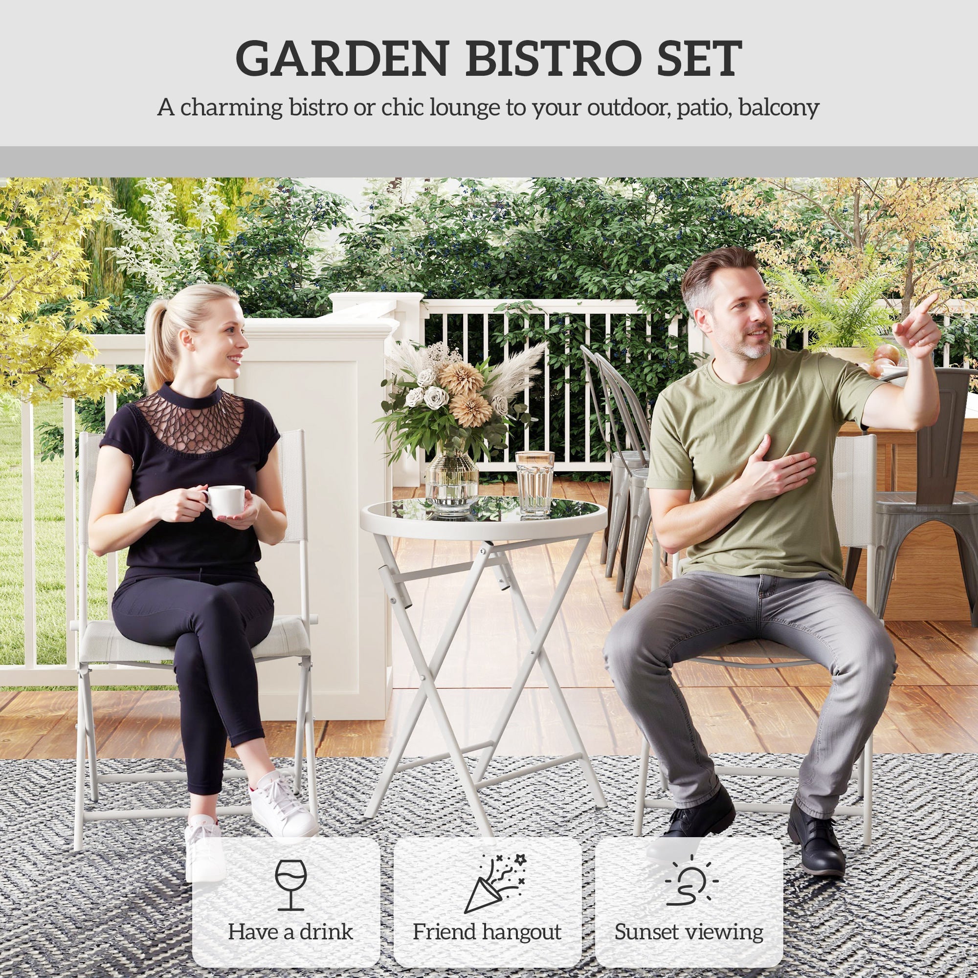 3 Piece Outdoor Bistro Set, Glass Top Table and 2 Folding Chairs, White