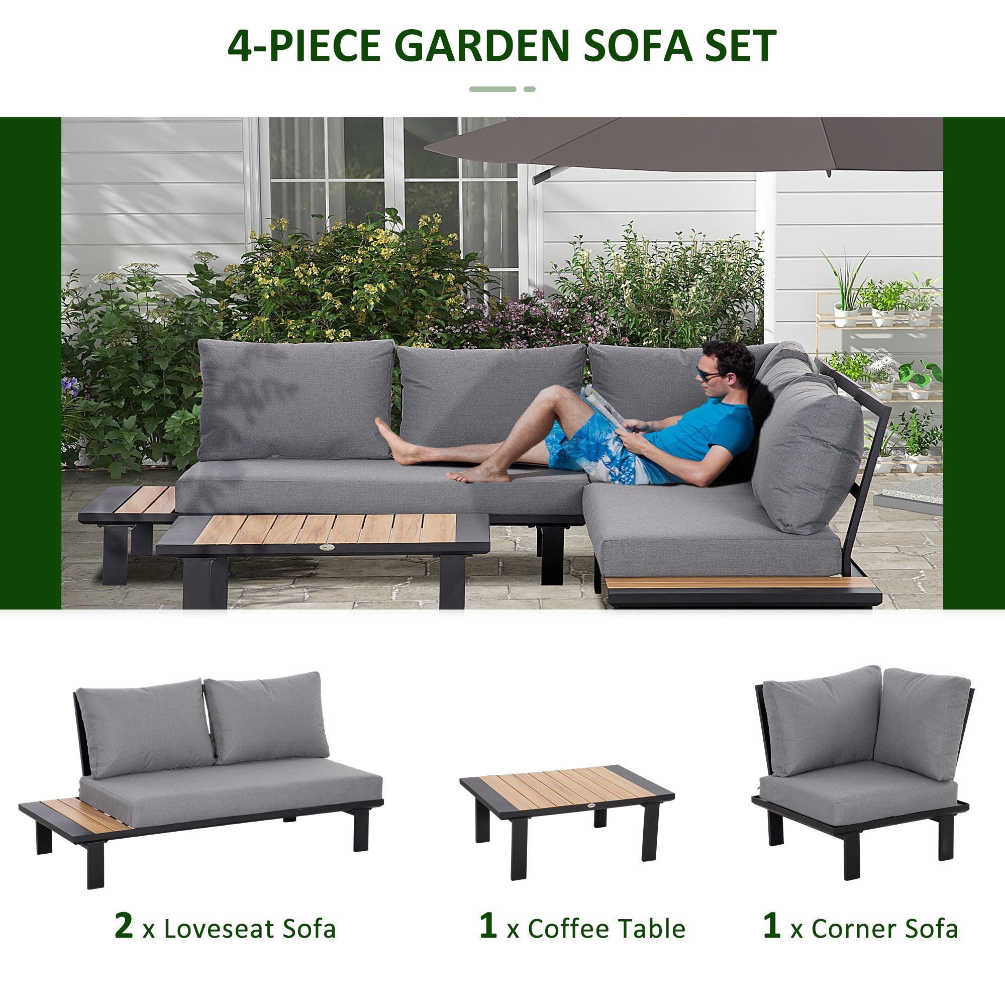 4 Piece Aluminium L-Shape Garden Sofa Set with Tables and Cushions, Dark Grey