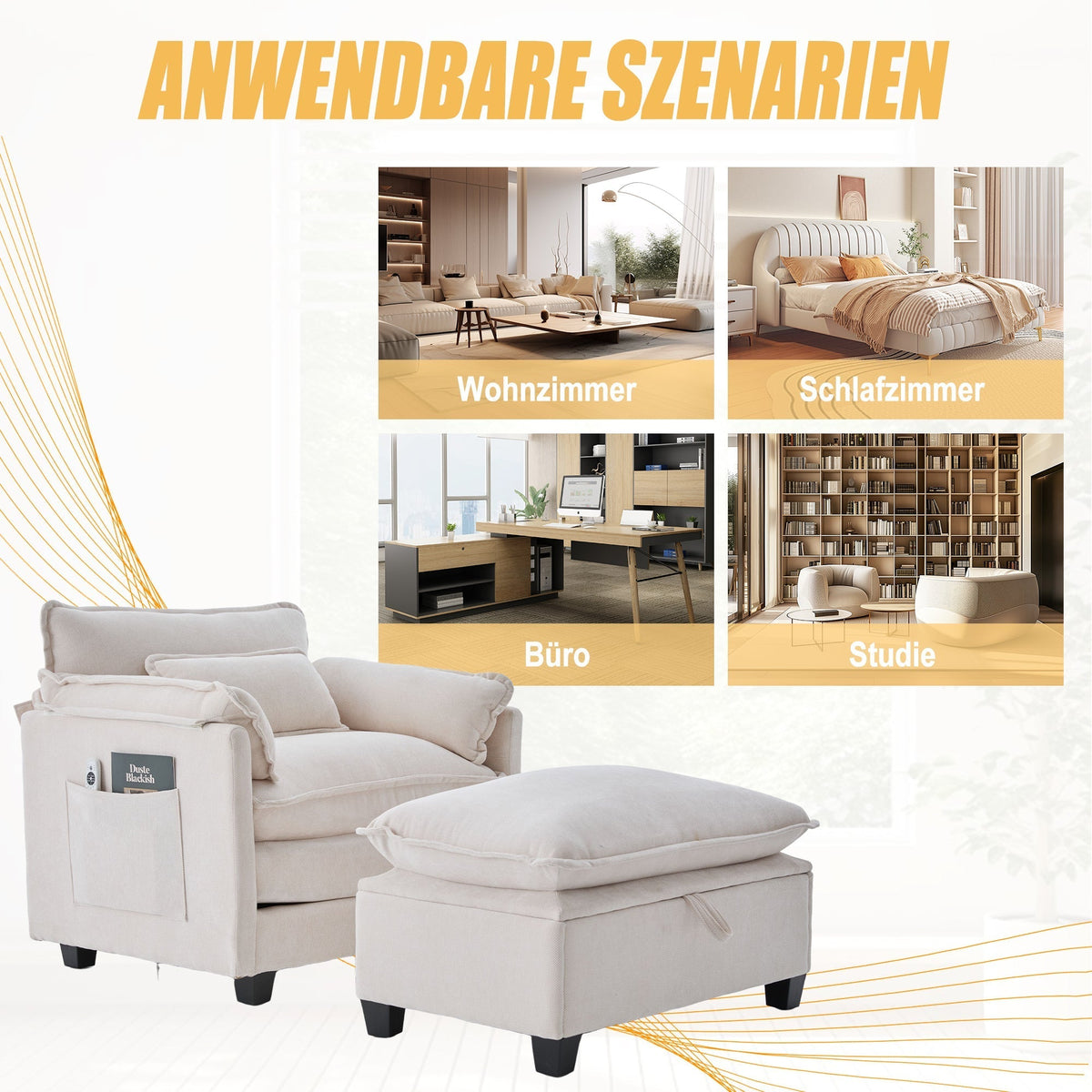 Modern Oversized Armchair with Footrest Stool & Side Pockets, Velvet