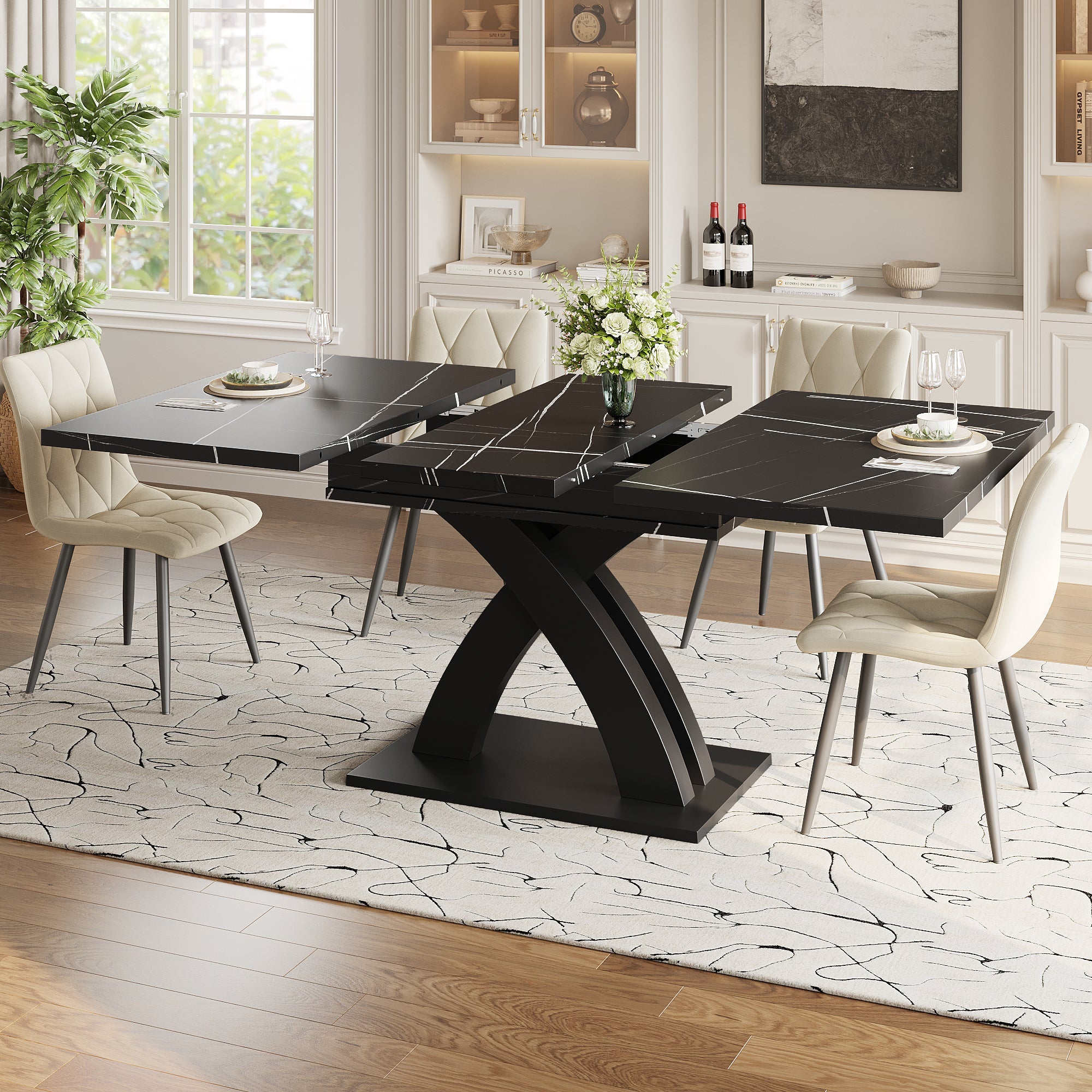 Extendable Dining Table, 120(160) cm Wooden Black Lacquered