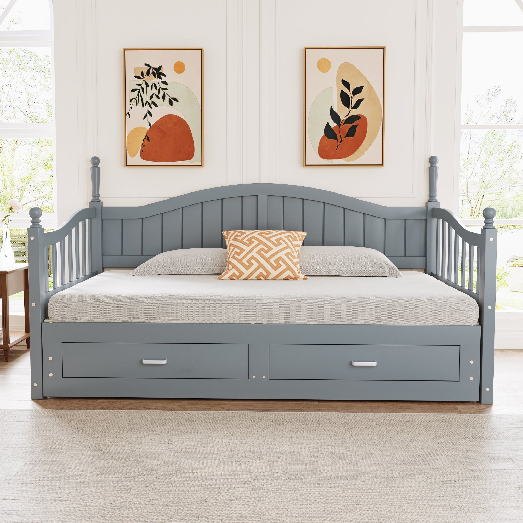Pull-Out Sofa Bed, Solid Wood with Drawers & Slatted Frame, Pine Wood, Grey