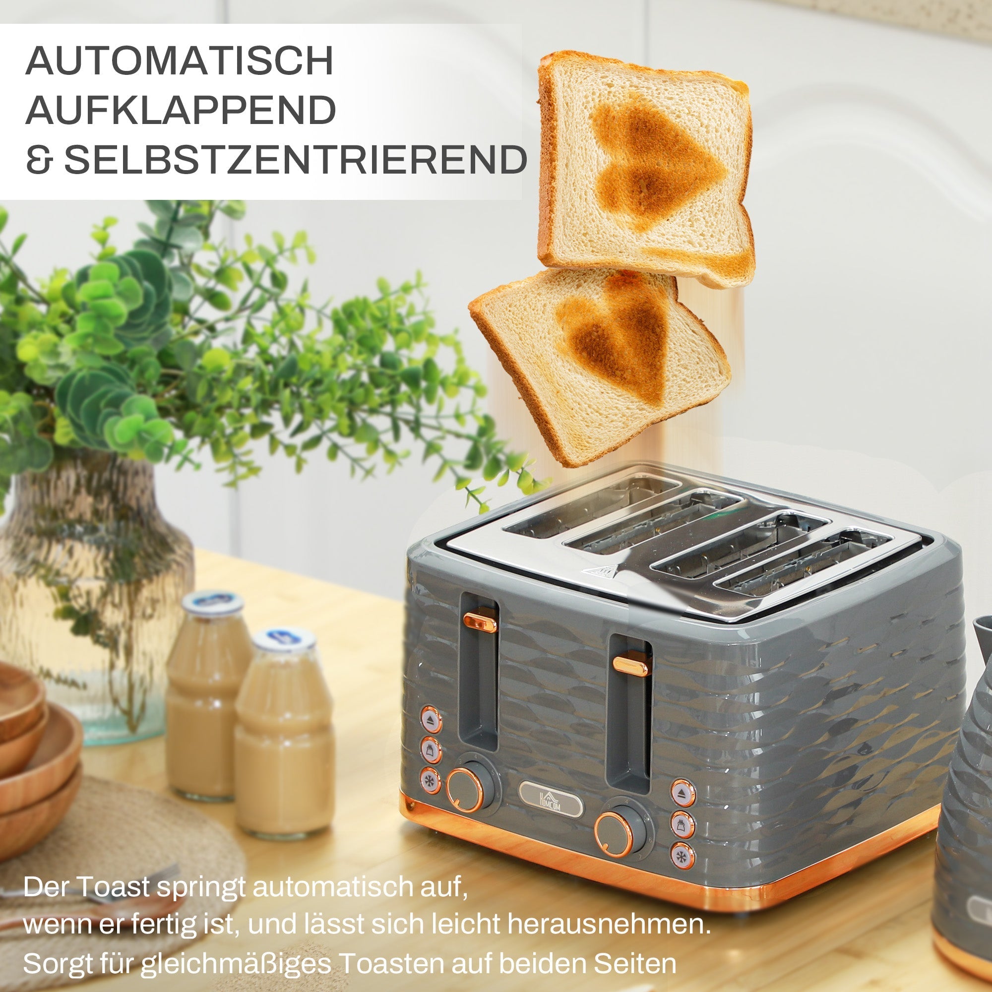 Breakfast Set 1.7L Kettle 4 Slice Toaster 3000W 7 Browning Levels Defrost Reheat Grey