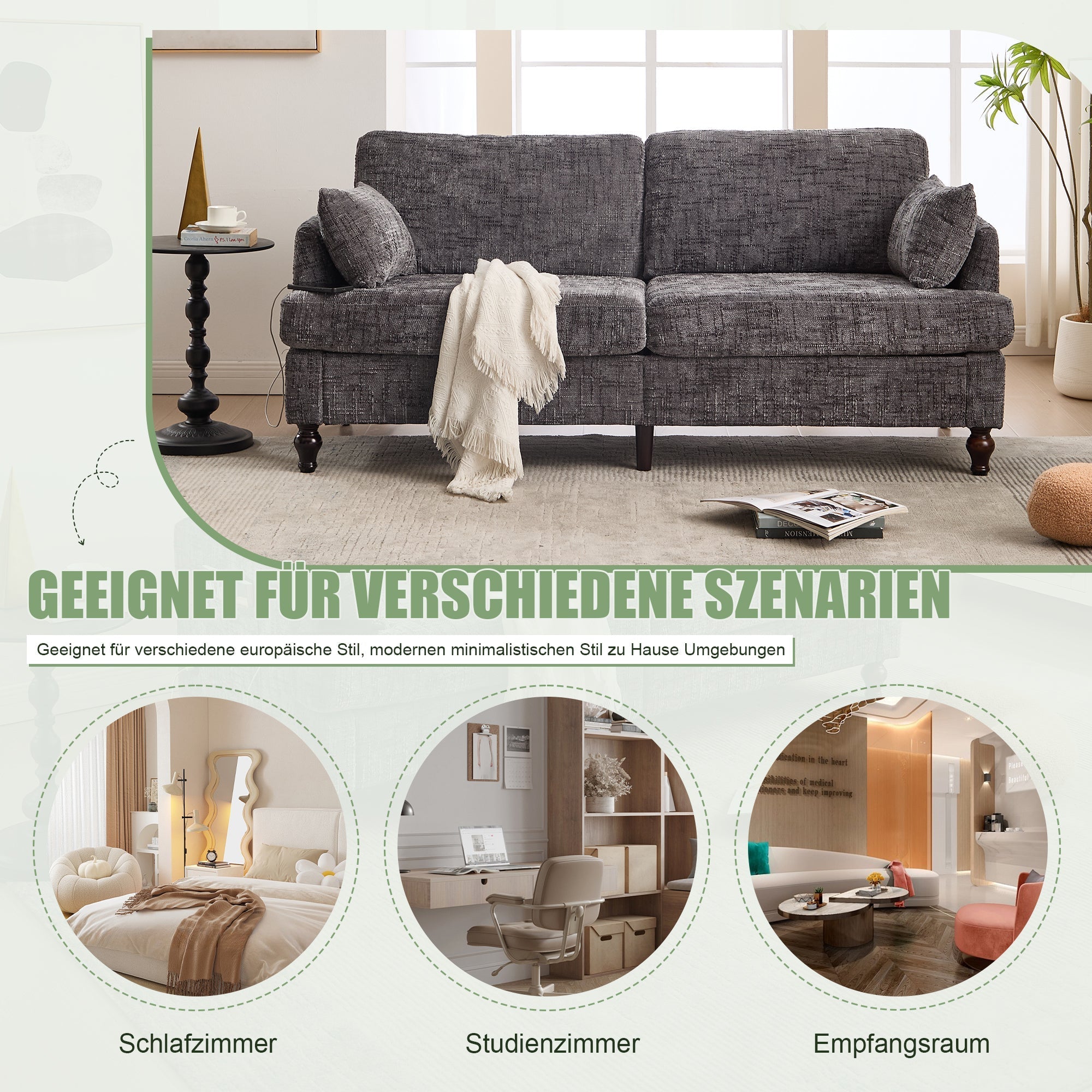 Sofa, 2-Seater with LED, USB, Storage, Chenille