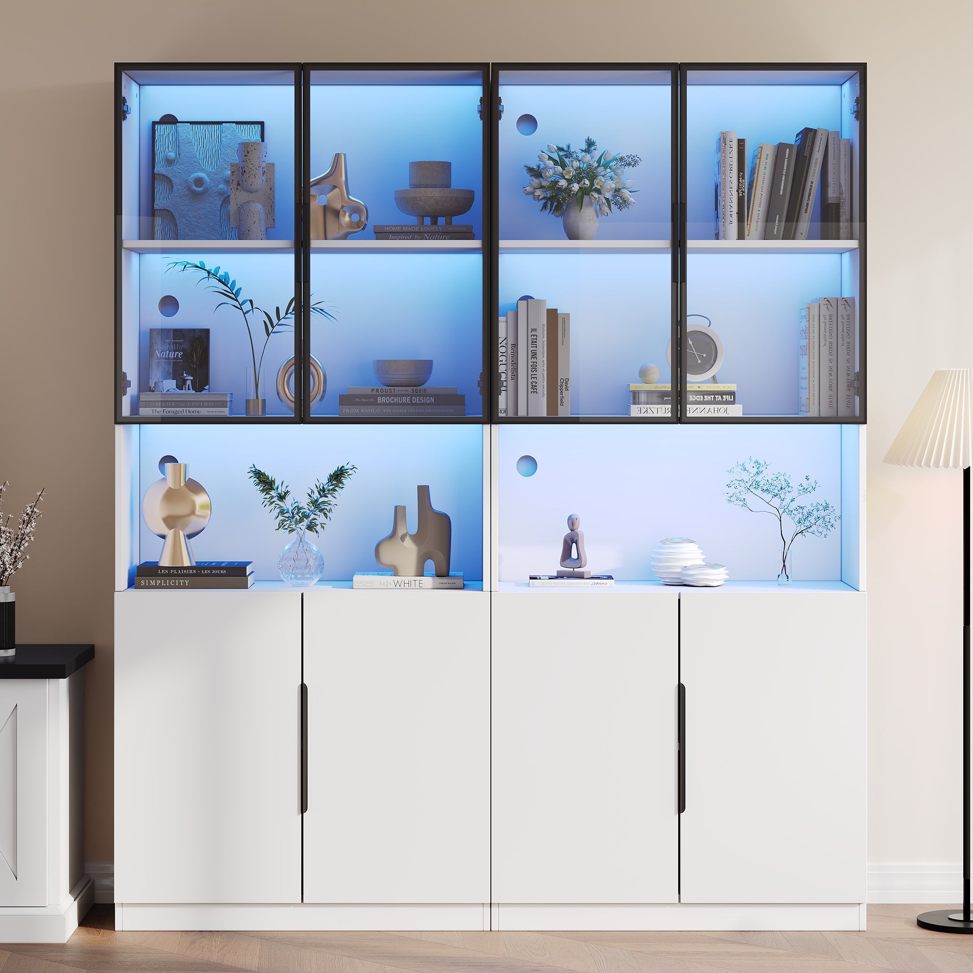 Modern Minimalist Display Cabinet, Glass Doors LED Lights Bookshelf for Collectibles, White