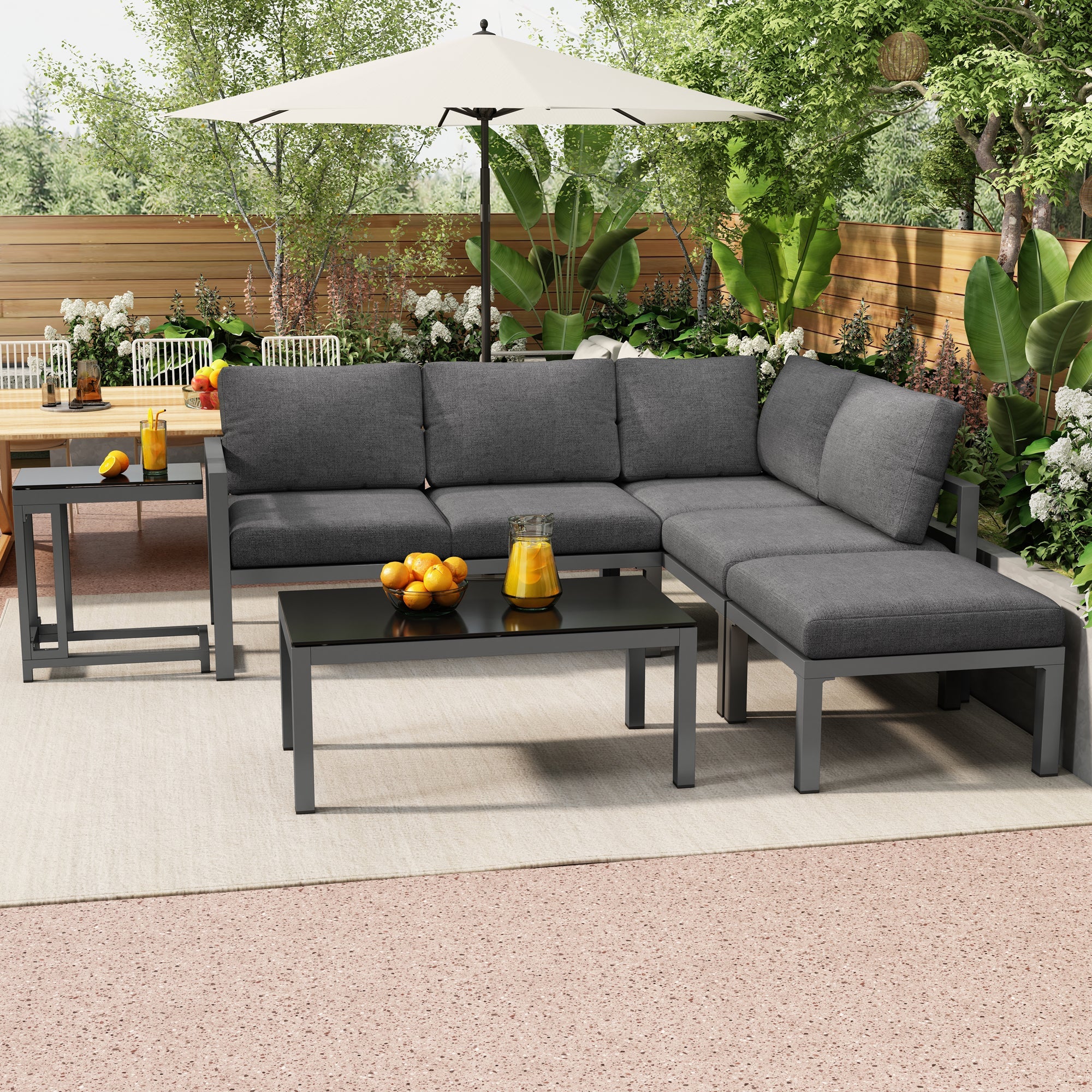Garden Lounge Set Corner Chairs 4-5 Seater Side & Coffee Table 5-Piece - Grey