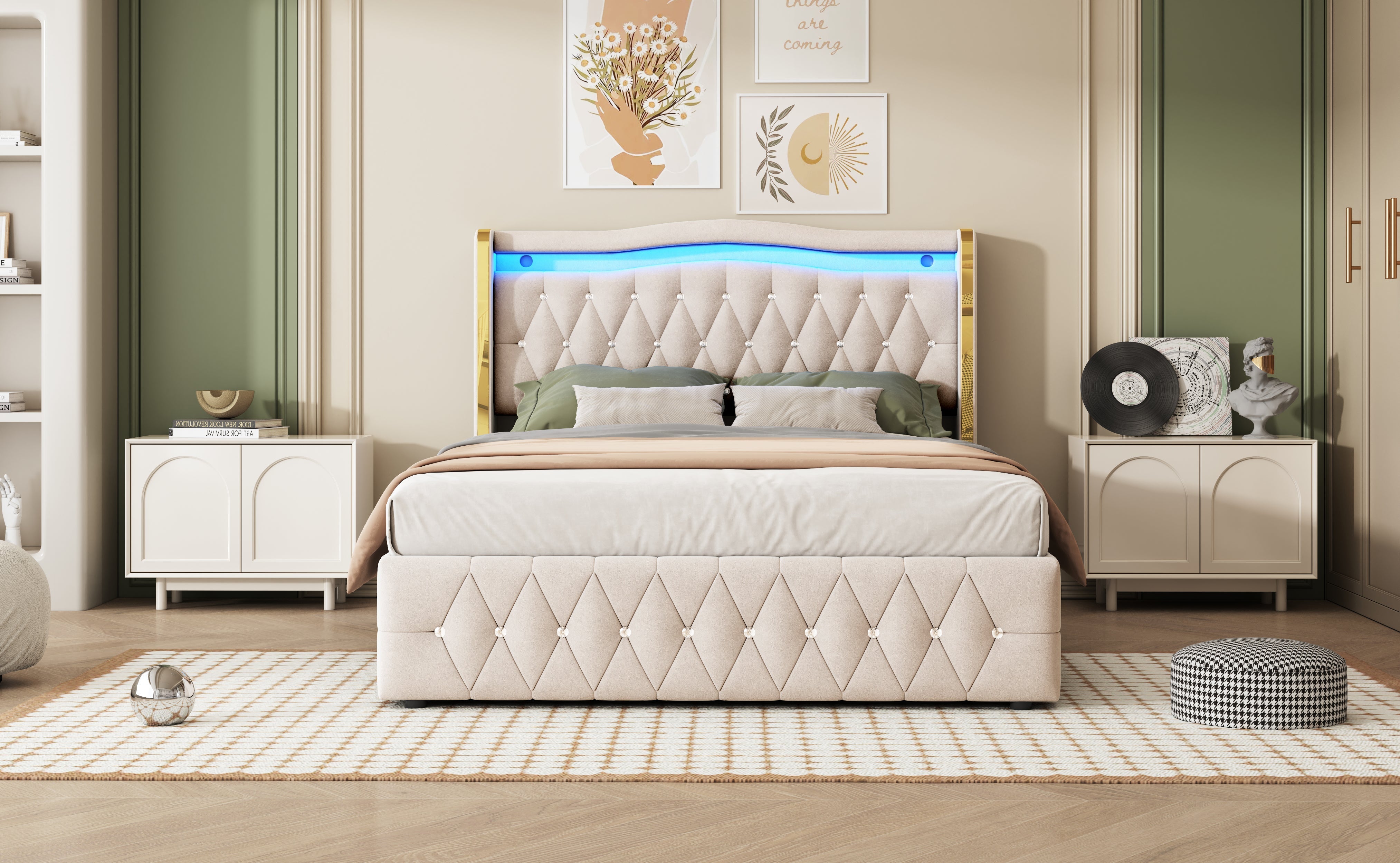 Upholstered Bed, 140x200cm, LED, Hydraulic Storage, Velvet Fabric, Beige