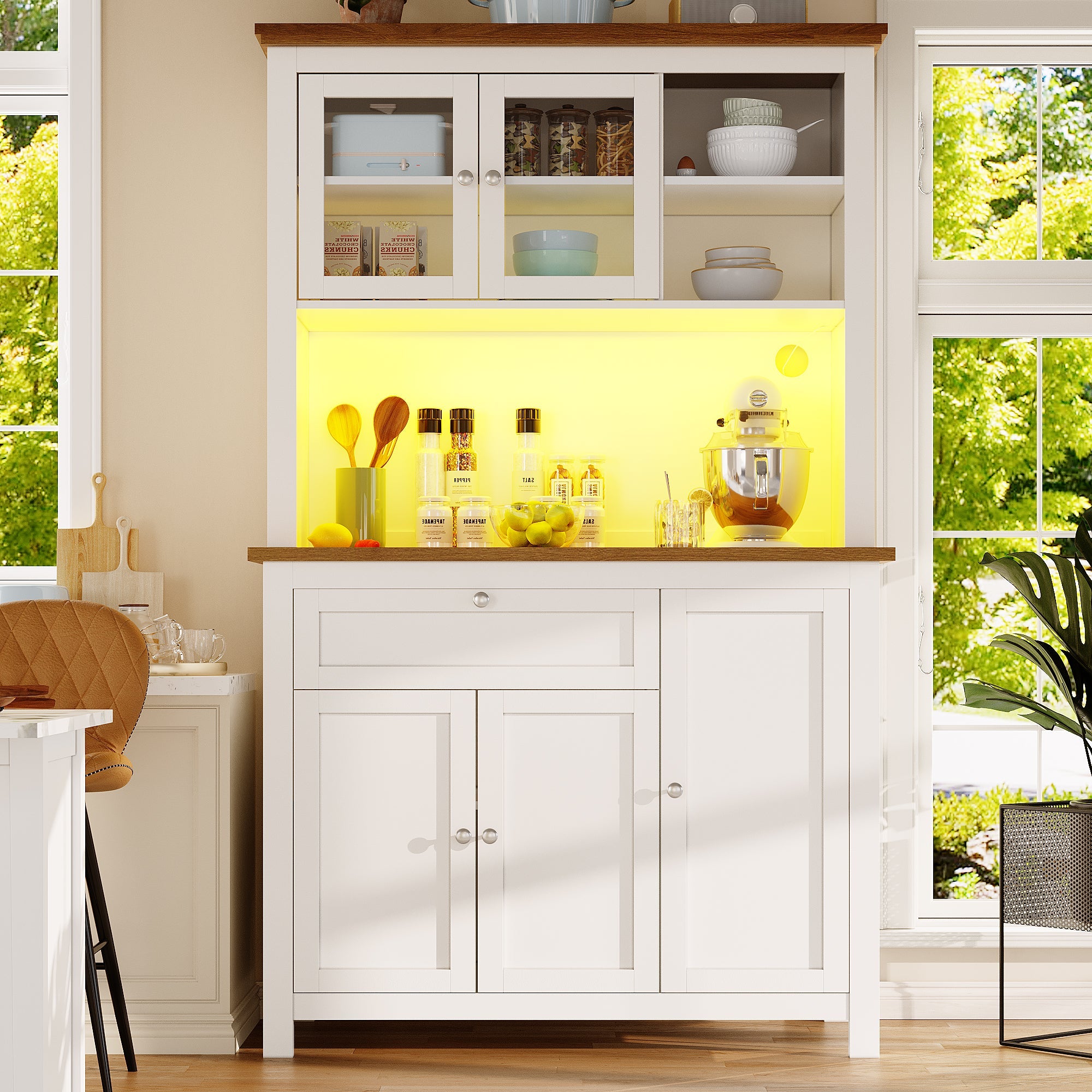 Tall Kitchen Cabinet 104x40x180cm Adjustable Shelves LED Lighting - White